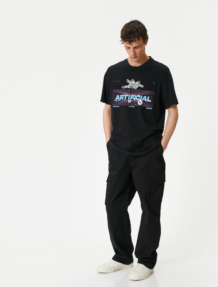  Slogan Baskılı Tişört Bisiklet Yaka Kısa Kollu Pamuklu