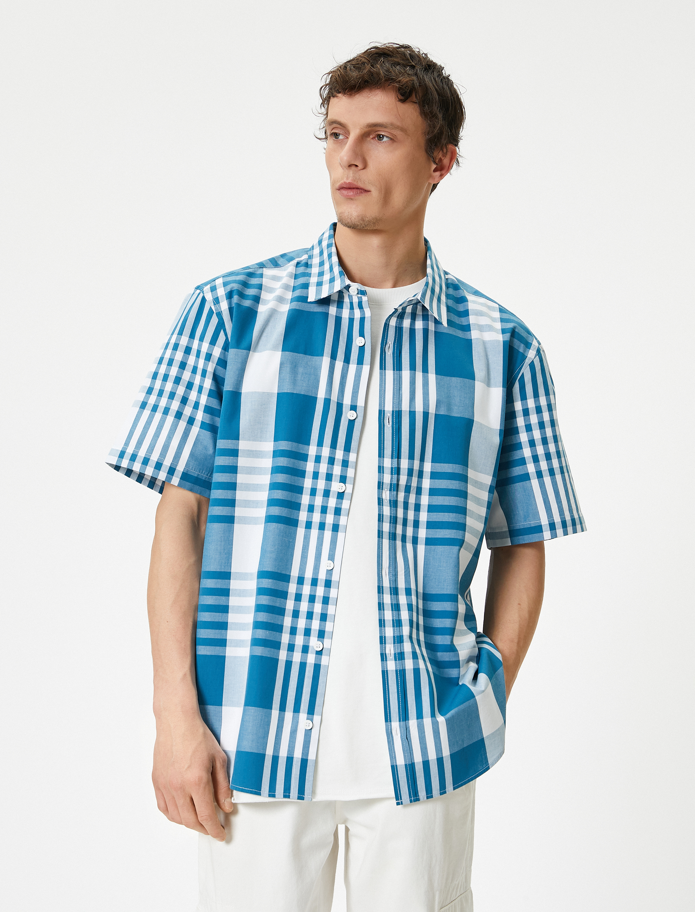   Ekoseli Gömlek Kısa Kollu Klasik Yaka Düğmeli Regular Fit