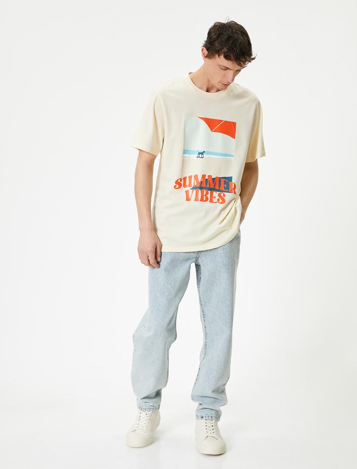  Slogan Baskılı Tişört Bisiklet Yaka Kısa Kollu Pamuklu