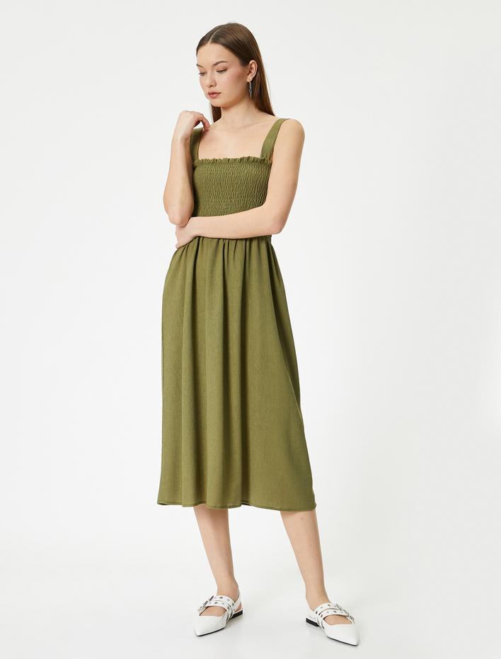  Askılı Midi Elbise Gipe Detaylı Rahat Kalıp