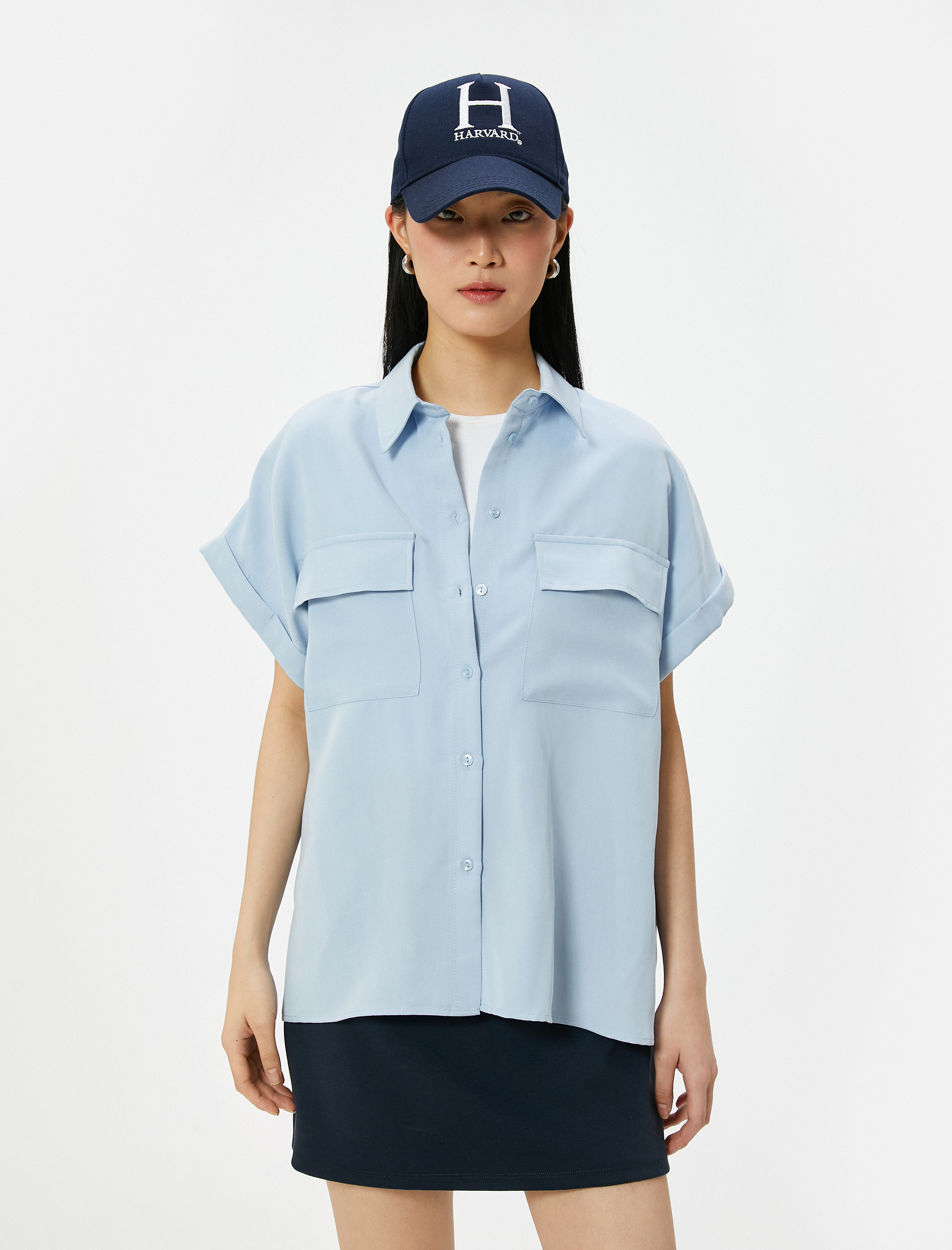   Kısa Kollu Gömlek Cepli Düğmeli Modal Karışımlı