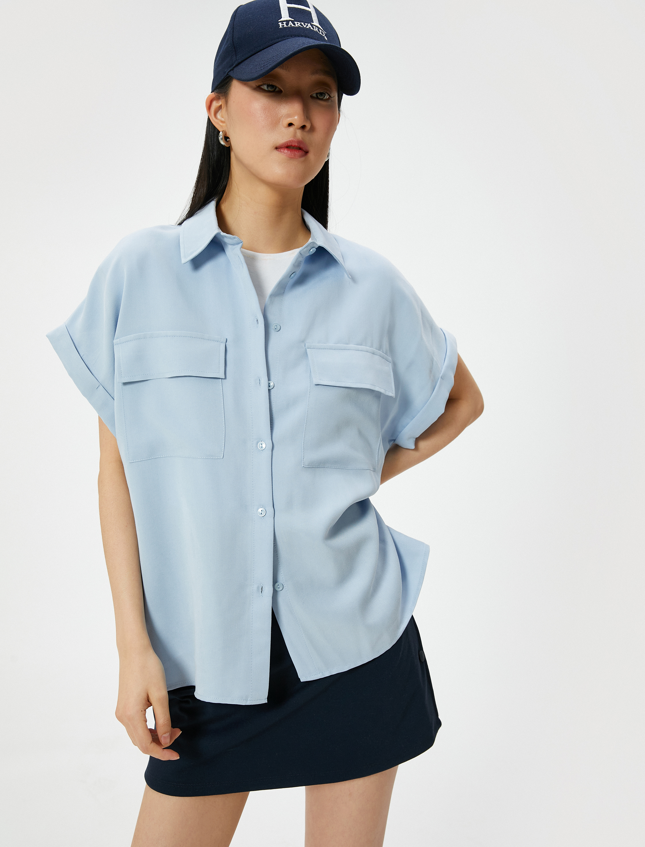   Kısa Kollu Gömlek Cepli Düğmeli Modal Karışımlı