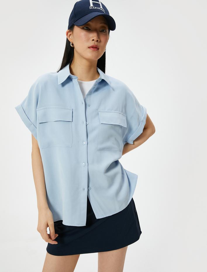  Kısa Kollu Gömlek Cepli Düğmeli Modal Karışımlı