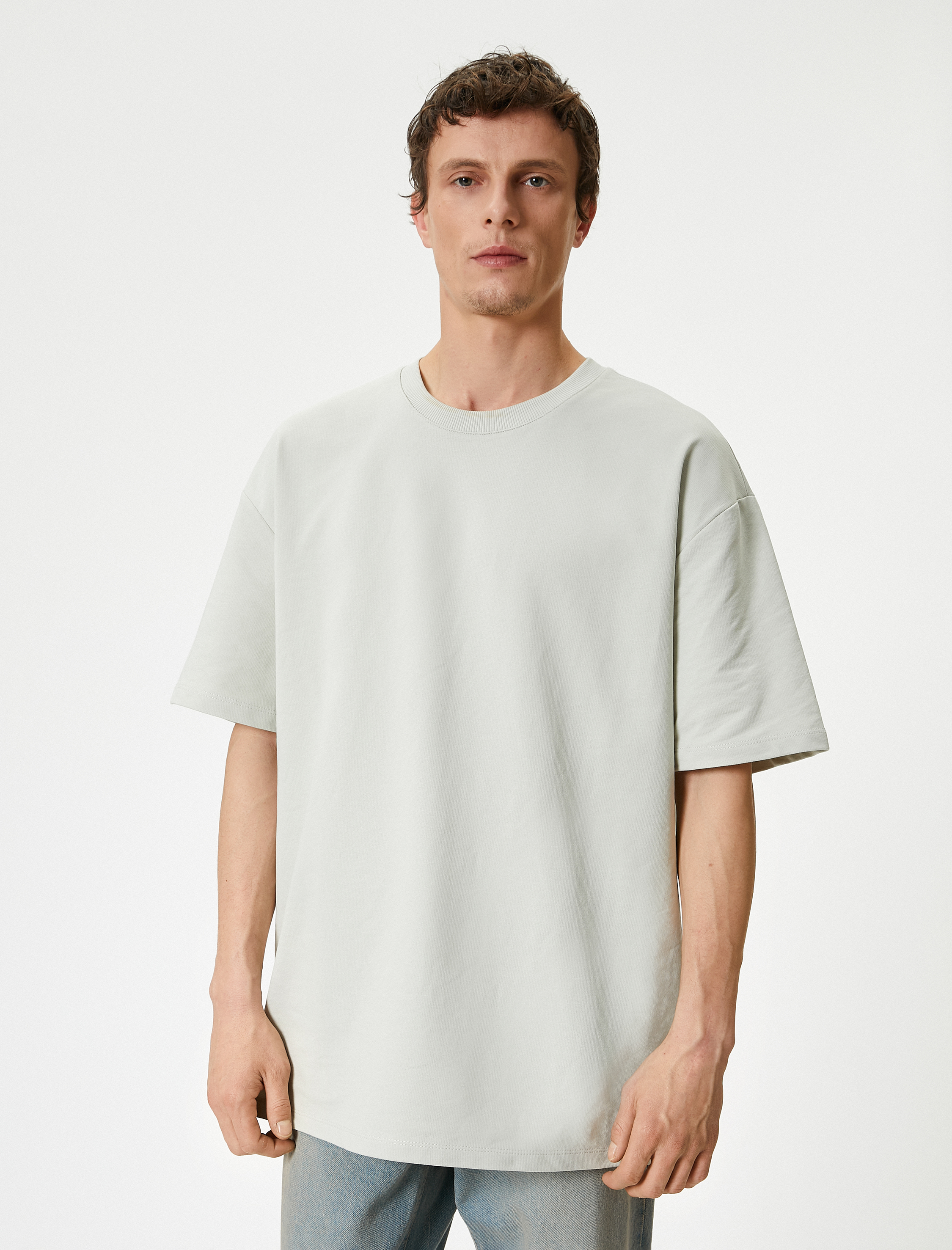   Basic Oversize Tişört Bisiklet Yaka Düşük Omuzlu Kısa Kollu Pamuklu