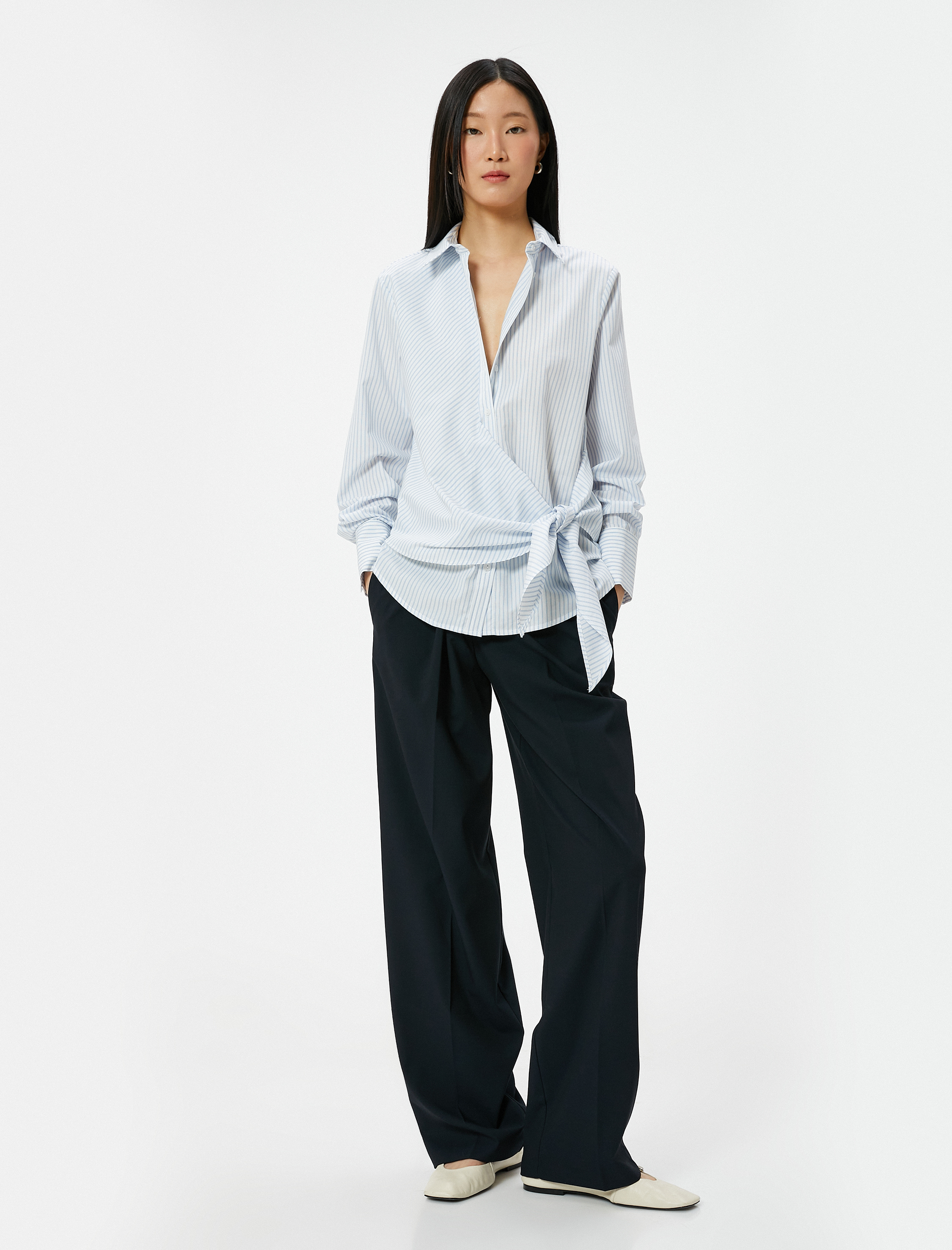   Pamuklu Gömlek Düğmeli Uzun Kollu Standart Kesim Düğüm Detaylı