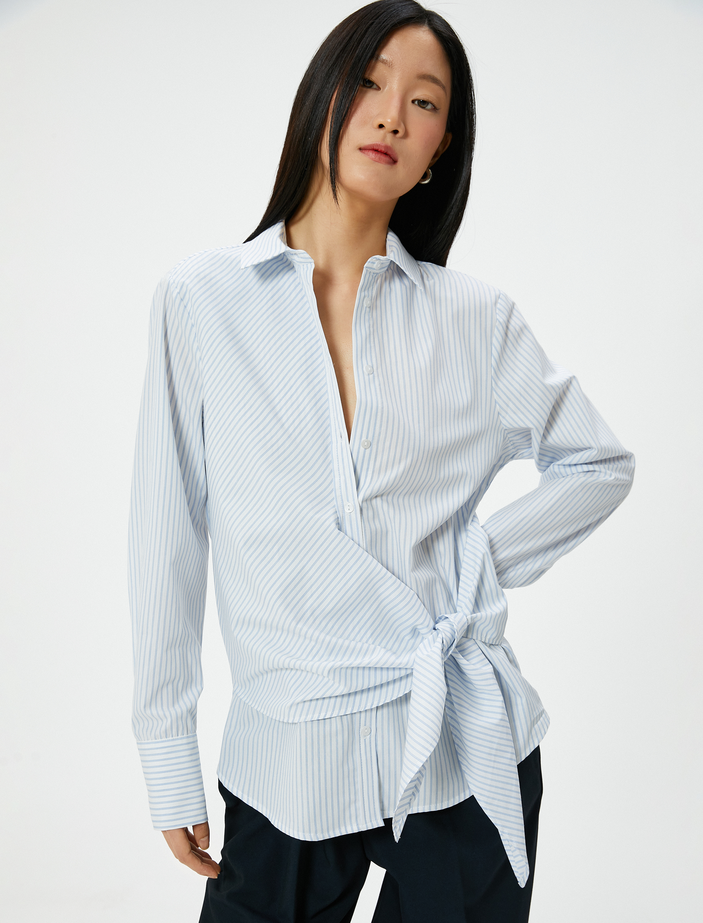   Pamuklu Gömlek Düğmeli Uzun Kollu Standart Kesim Düğüm Detaylı