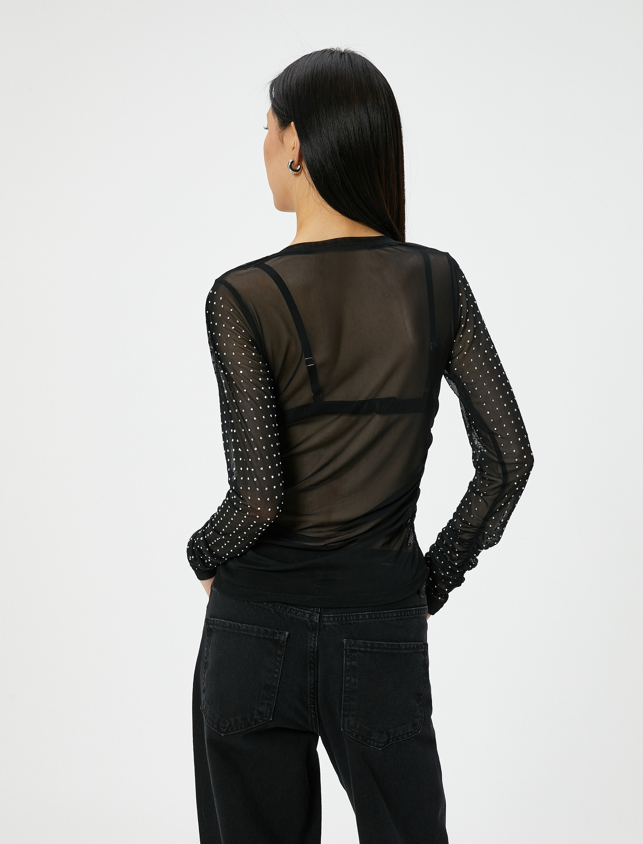   Taşlı Tül Abiye Bluz Uzun Kollu Yuvarlak Yaka Slim Fit