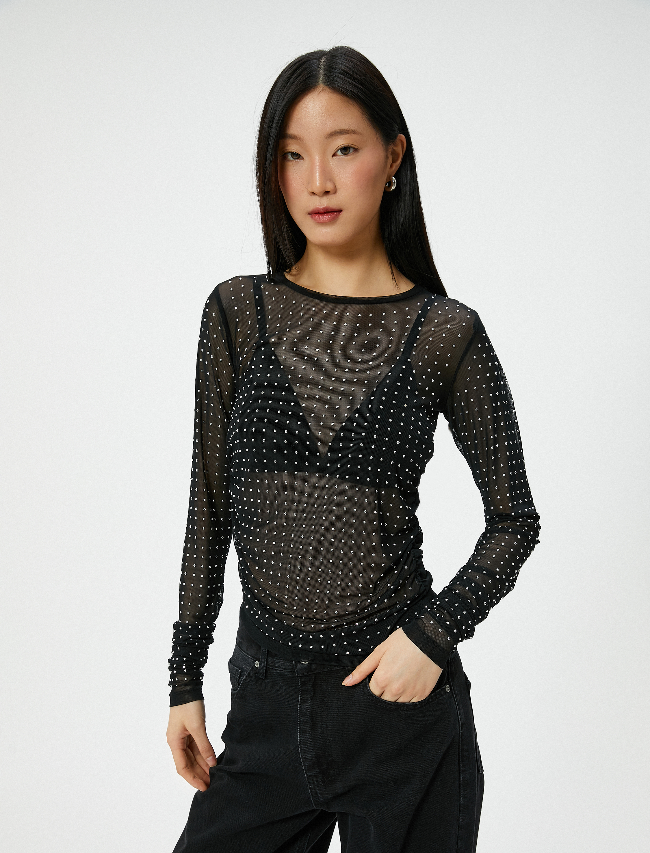   Taşlı Tül Abiye Bluz Uzun Kollu Yuvarlak Yaka Slim Fit