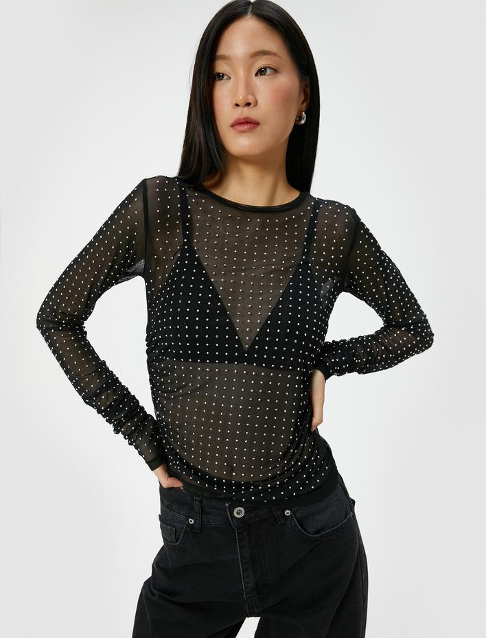  Taşlı Tül Abiye Bluz Uzun Kollu Yuvarlak Yaka Slim Fit