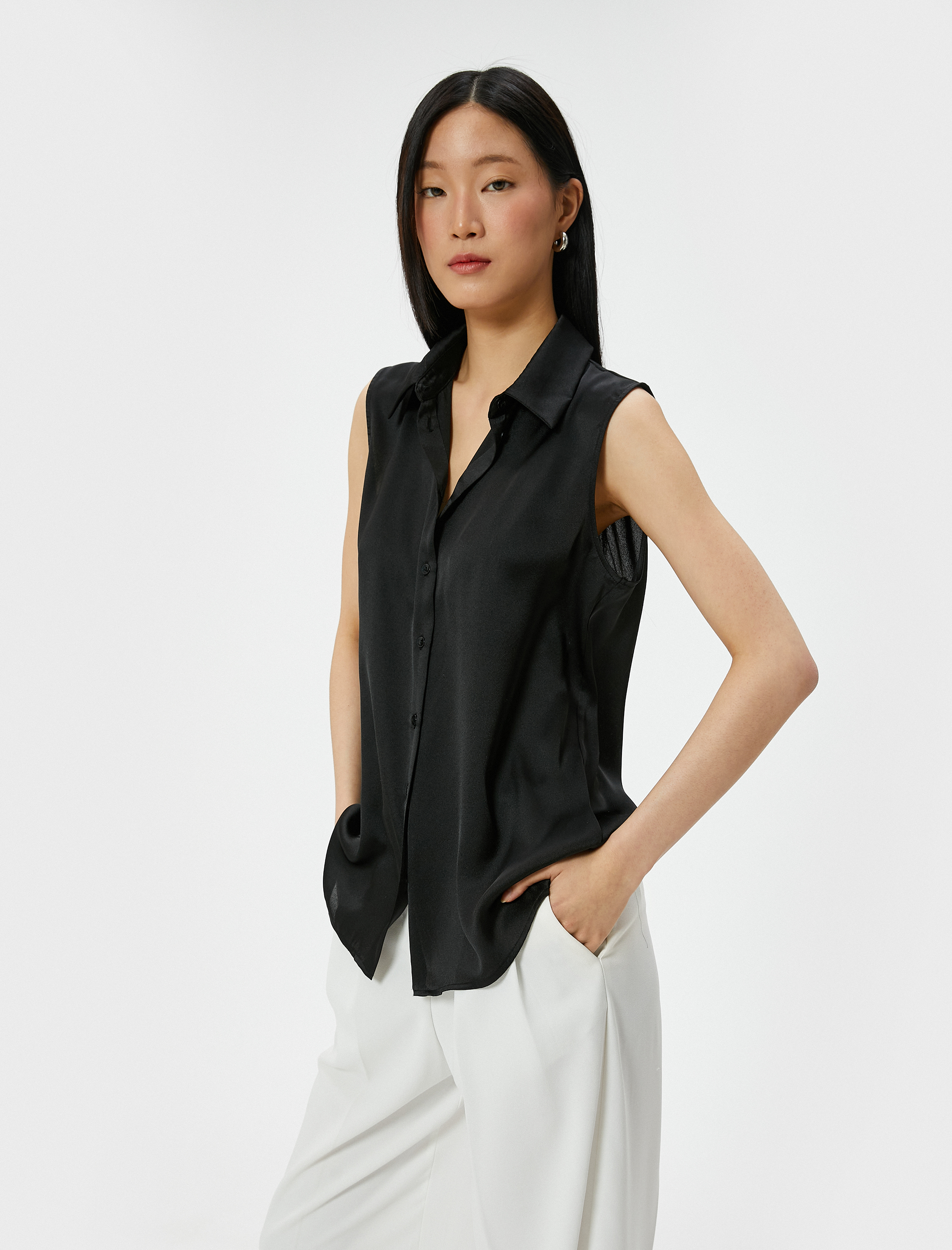   Kolsuz Gömlek Saten Düğmeli Klasik Yaka