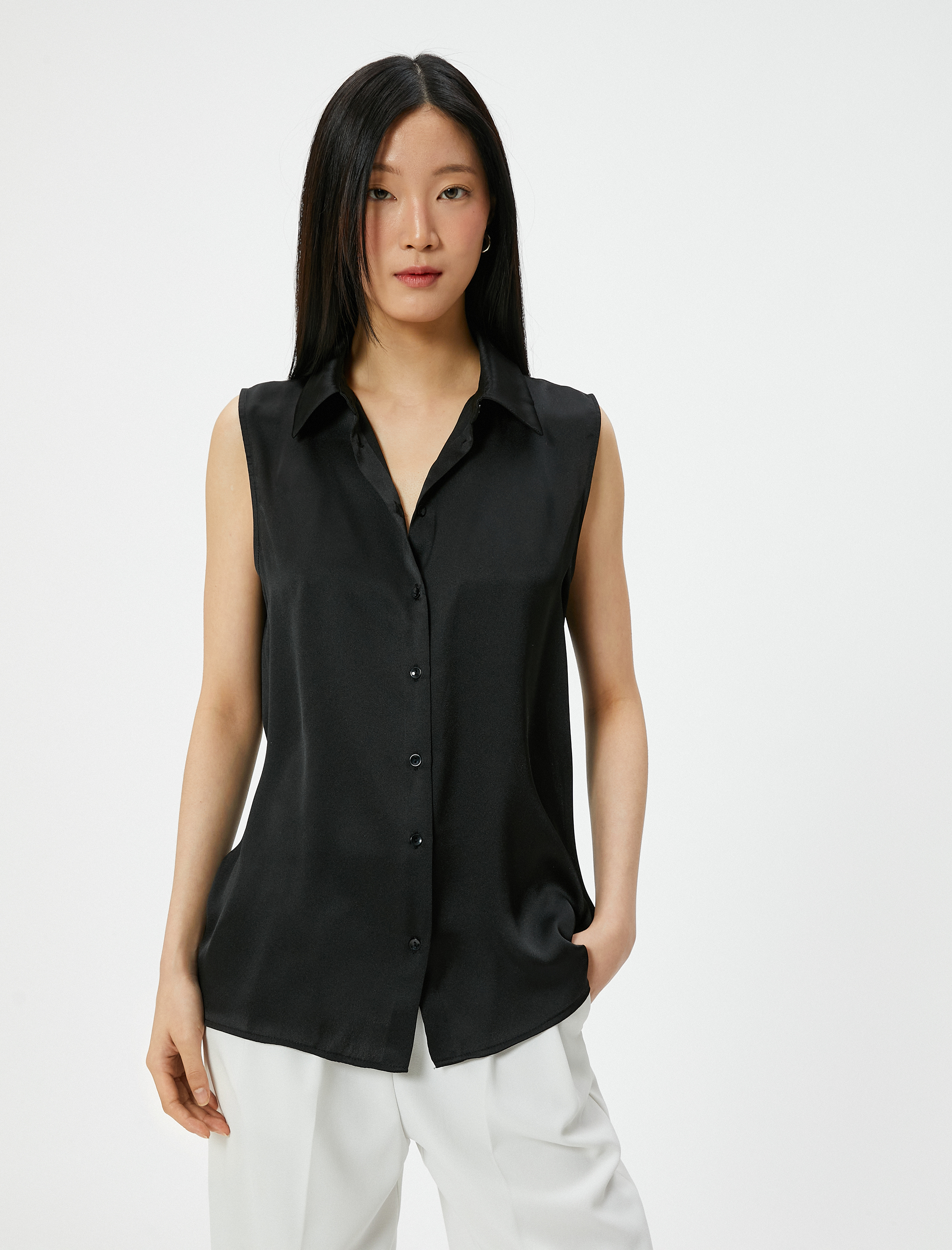   Kolsuz Gömlek Saten Düğmeli Klasik Yaka