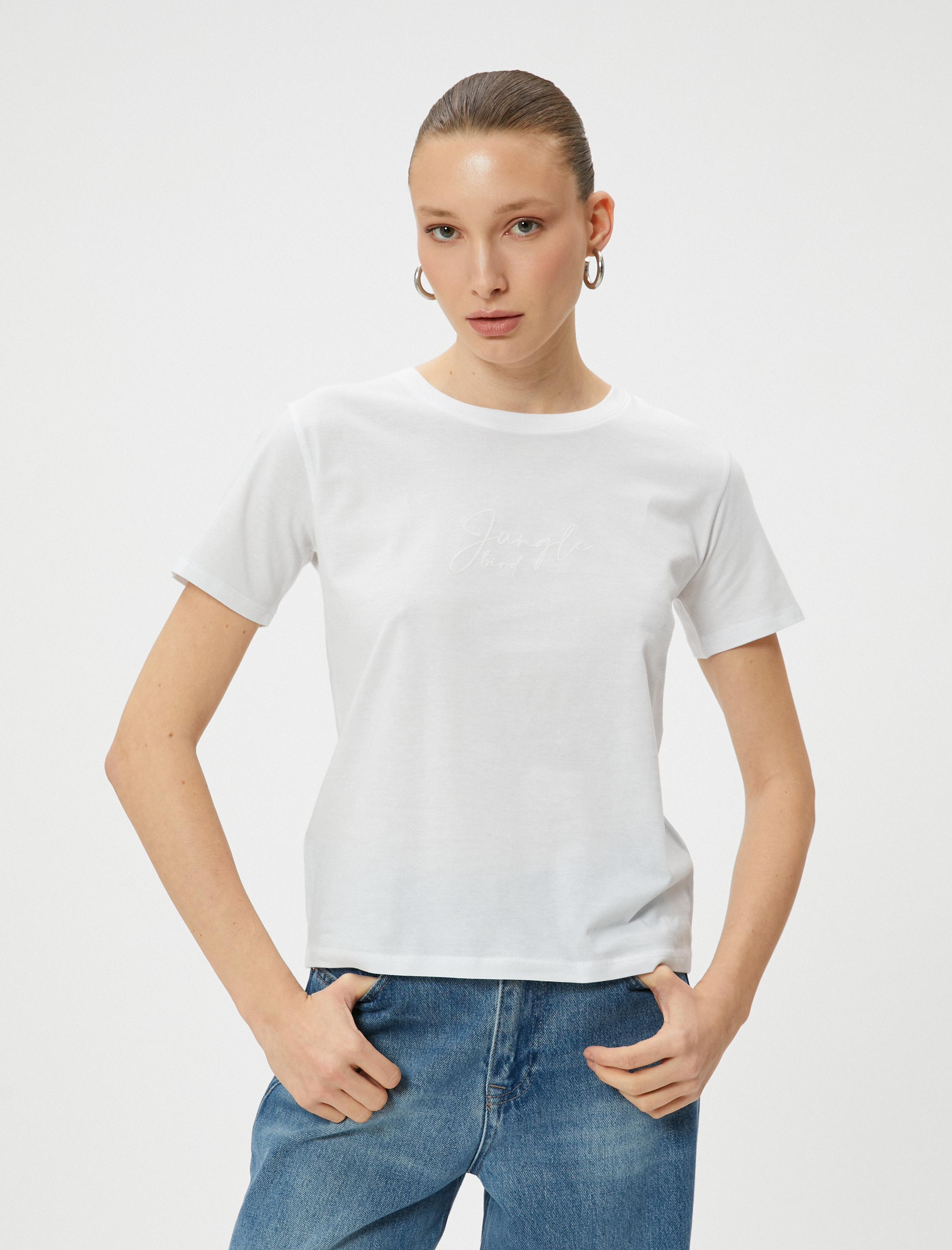   Tişört Slogan Baskılı Bisiklet Yaka Kısa Kollu Pamuklu