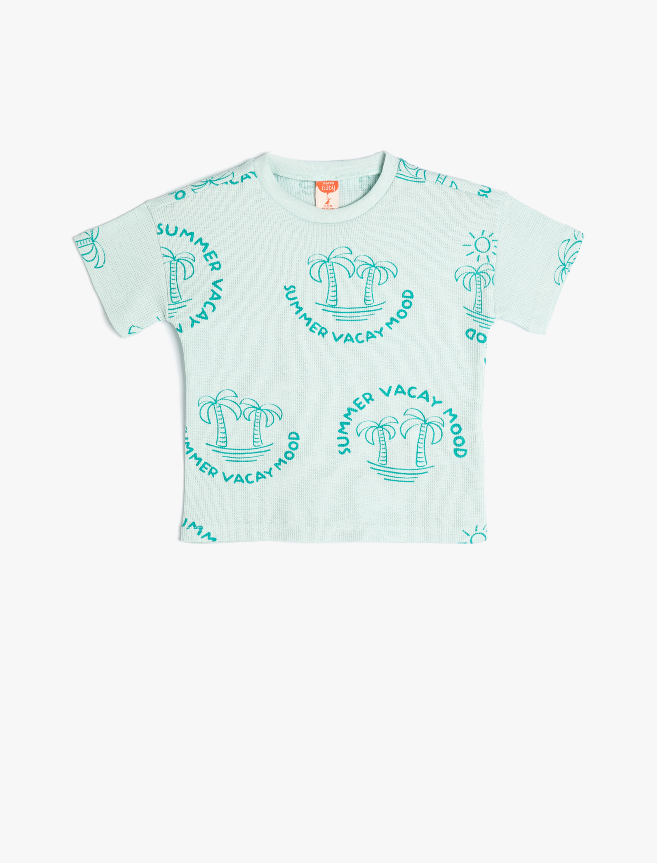  Erkek Bebek Tişört Kısa Kollu Palmiye Baskılı Bisiklet Yaka Dokulu Pamuklu