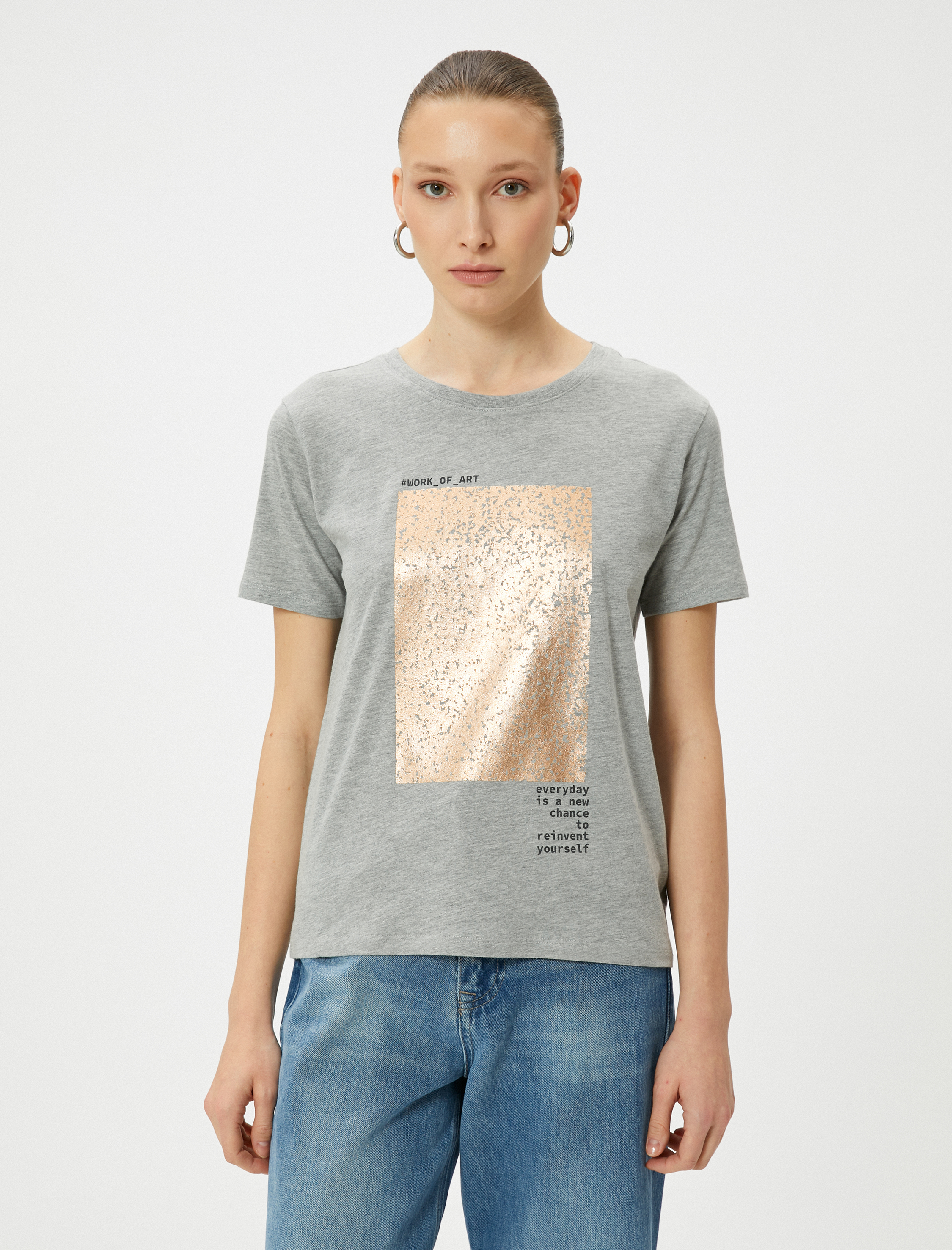   Baskılı Tişört Bisiklet Yaka Kısa Kollu Pamuklu