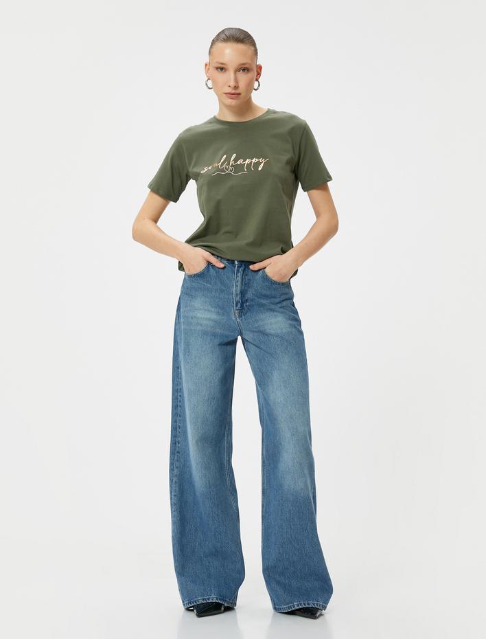  Baskılı Tişört Bisiklet Yaka Kısa Kollu Pamuklu