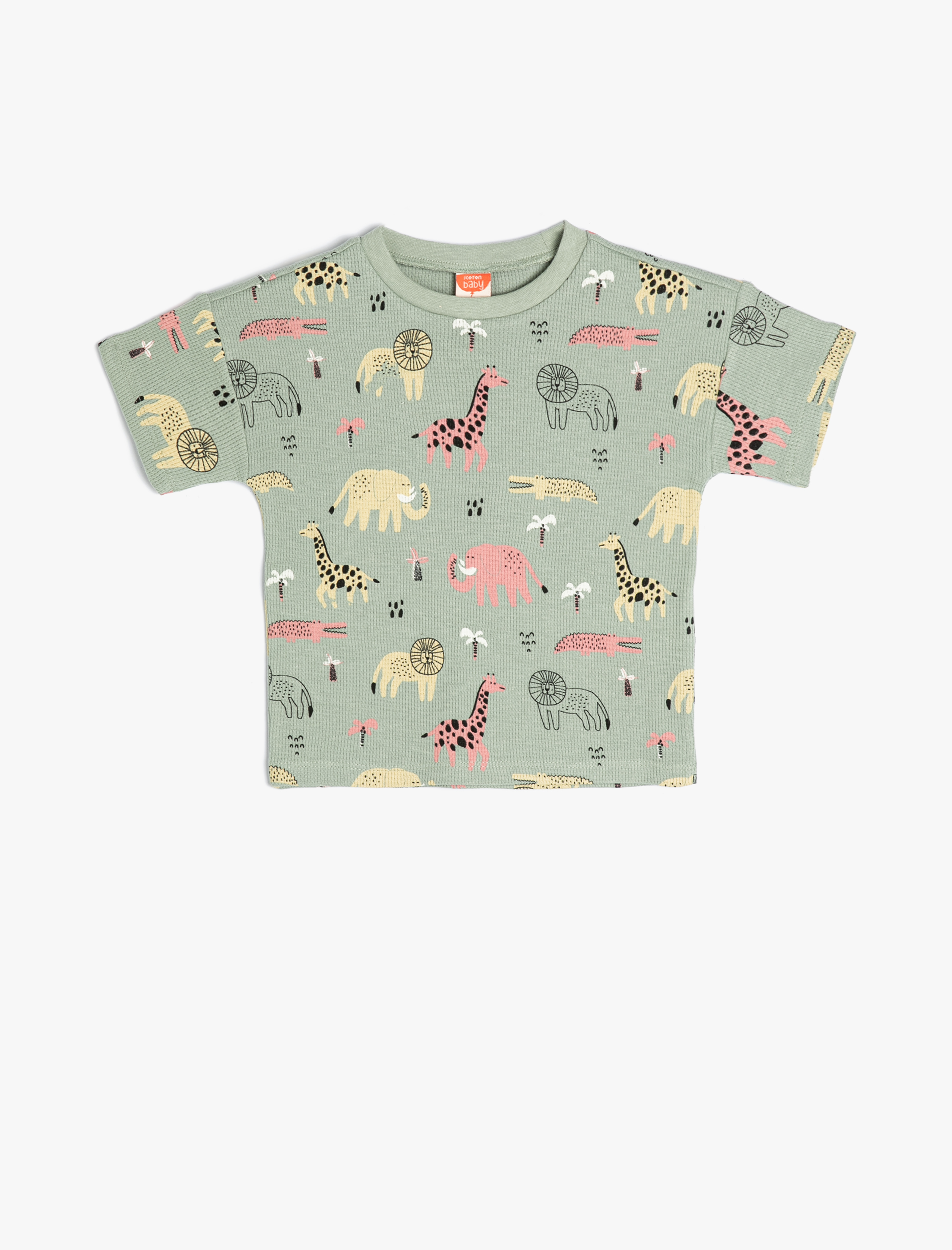  Erkek Bebek Tişört Kısa Kollu Hayvan Baskılı Bisiklet Yaka Dokulu Pamuklu