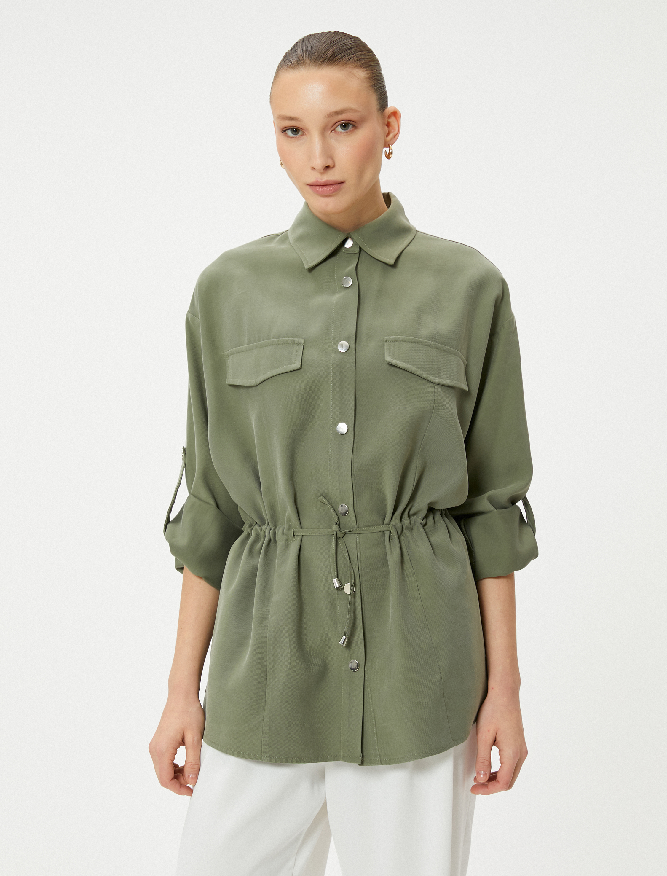   Mevsimlik Ceket Gömlek Yaka Beli Büzgülü Katlamalı Kollu Viskon