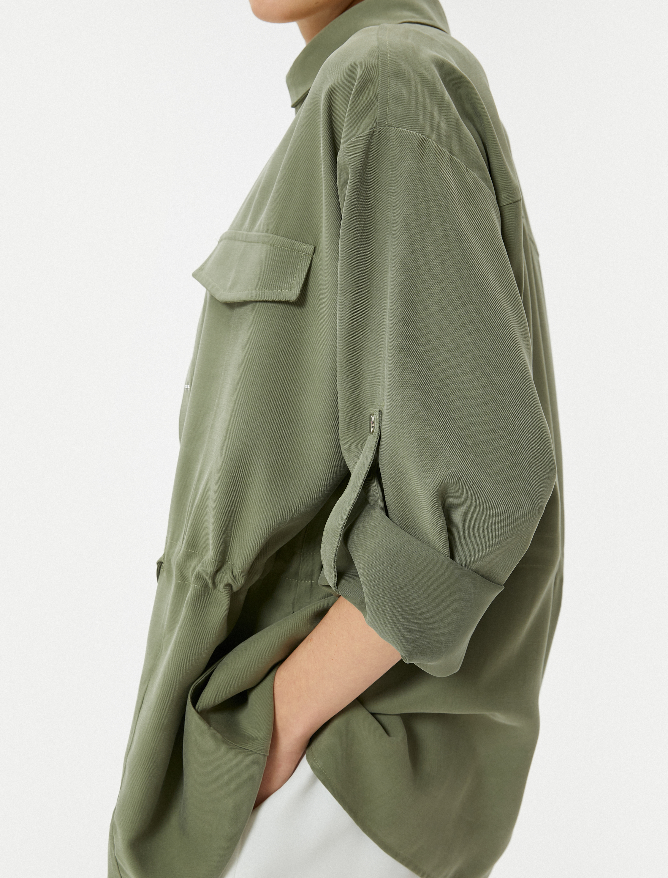   Mevsimlik Ceket Gömlek Yaka Beli Büzgülü Katlamalı Kollu Viskon