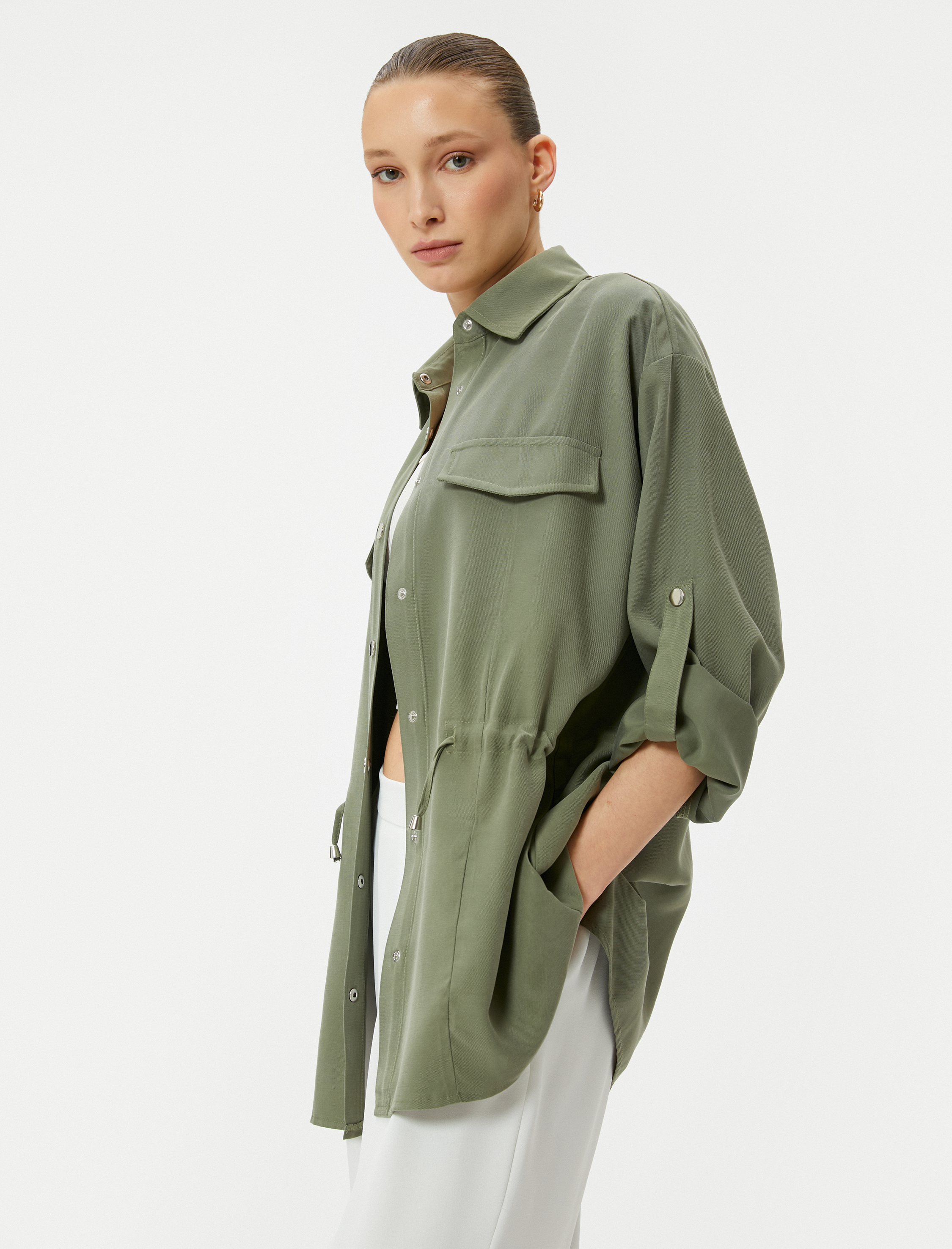   Mevsimlik Ceket Gömlek Yaka Beli Büzgülü Katlamalı Kollu Viskon