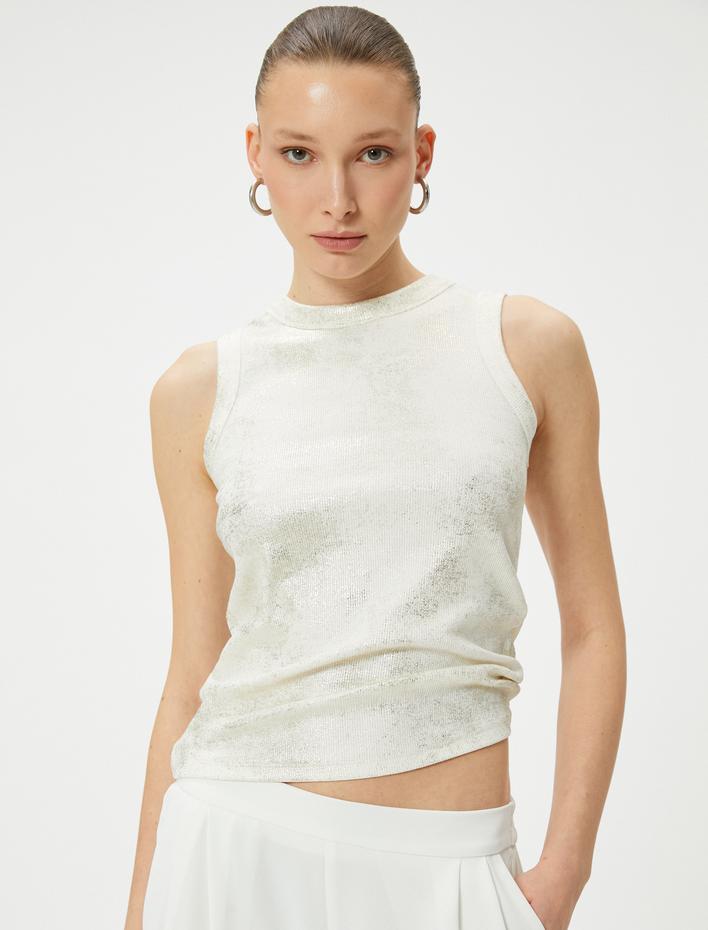  Fitilli Atlet Bisiklet Yaka Pamuklu Metalik Baskılı