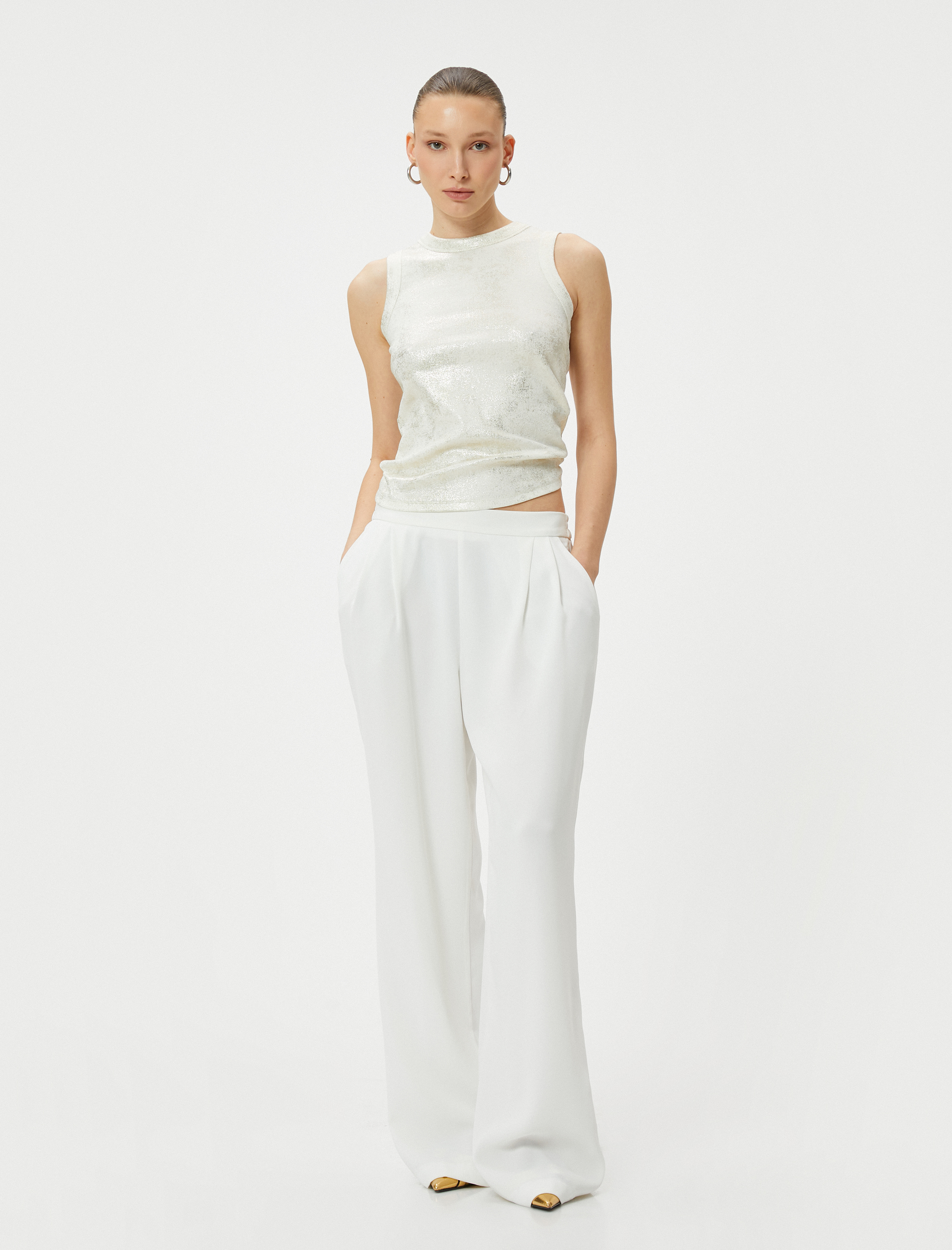   Fitilli Atlet Bisiklet Yaka Pamuklu Metalik Baskılı