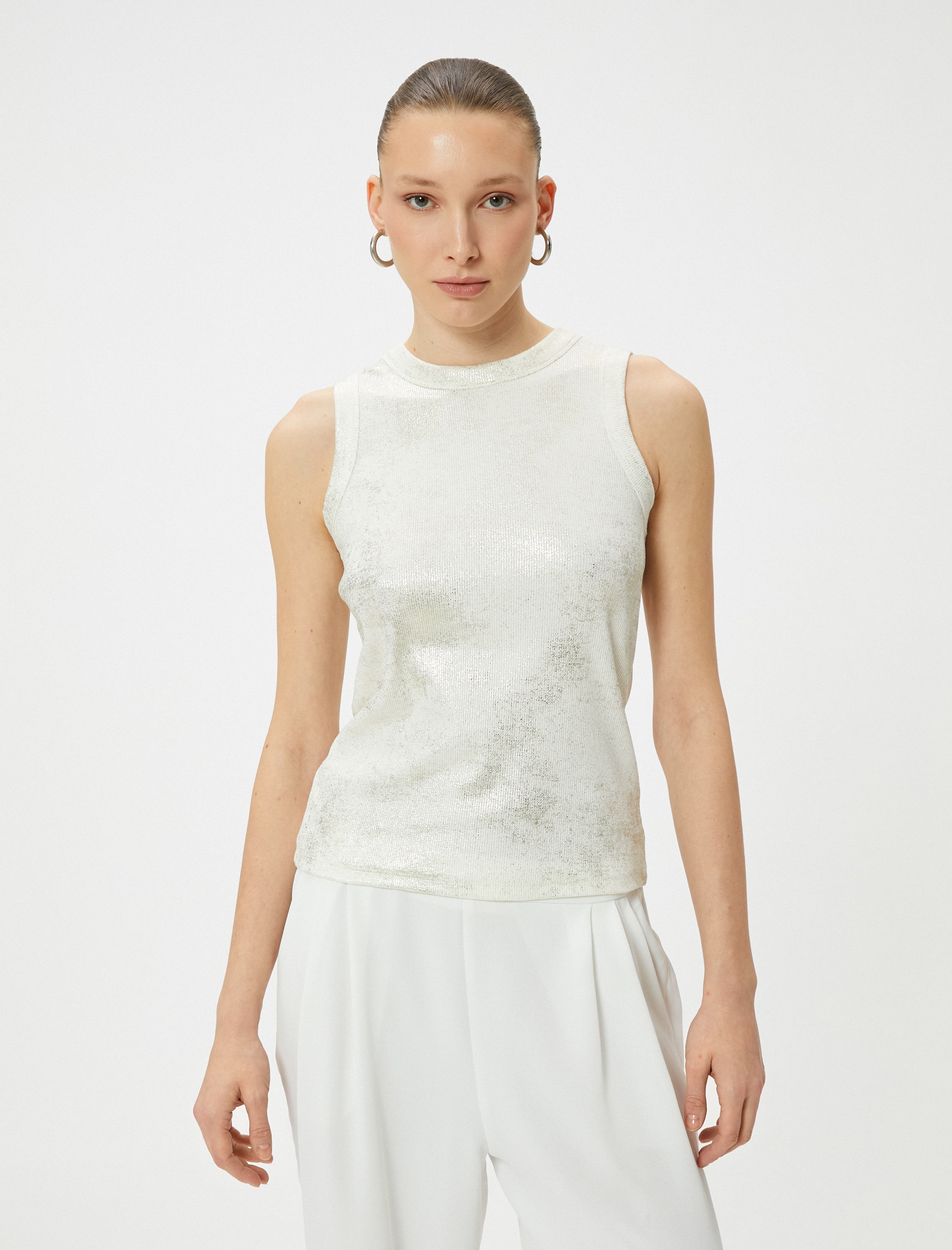   Fitilli Atlet Bisiklet Yaka Pamuklu Metalik Baskılı