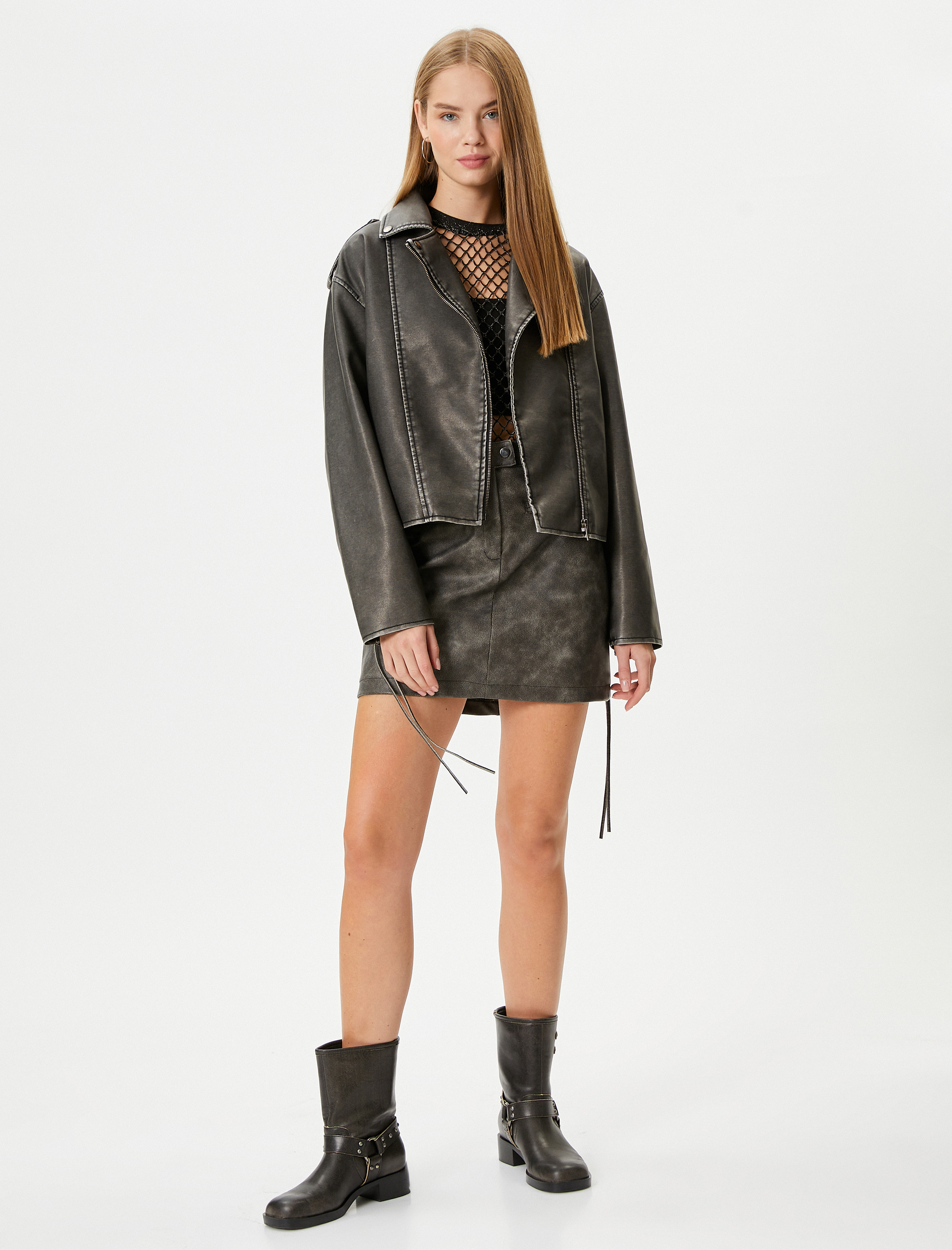   Biker Ceket Eskitilmiş Suni Deri Bağlama Detaylı Kruvaze