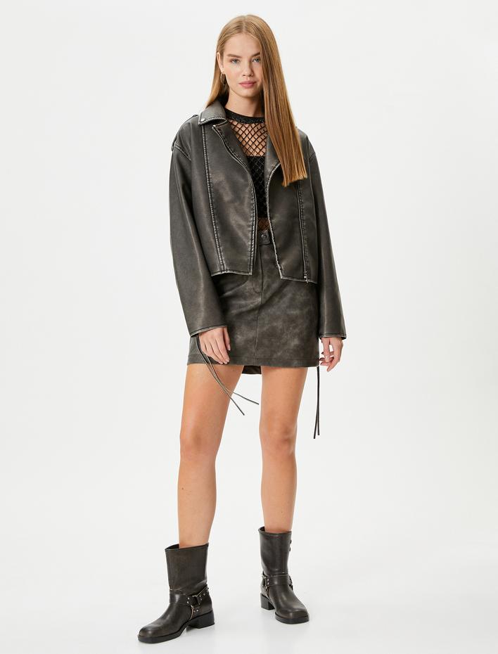  Biker Ceket Eskitilmiş Suni Deri Bağlama Detaylı Kruvaze