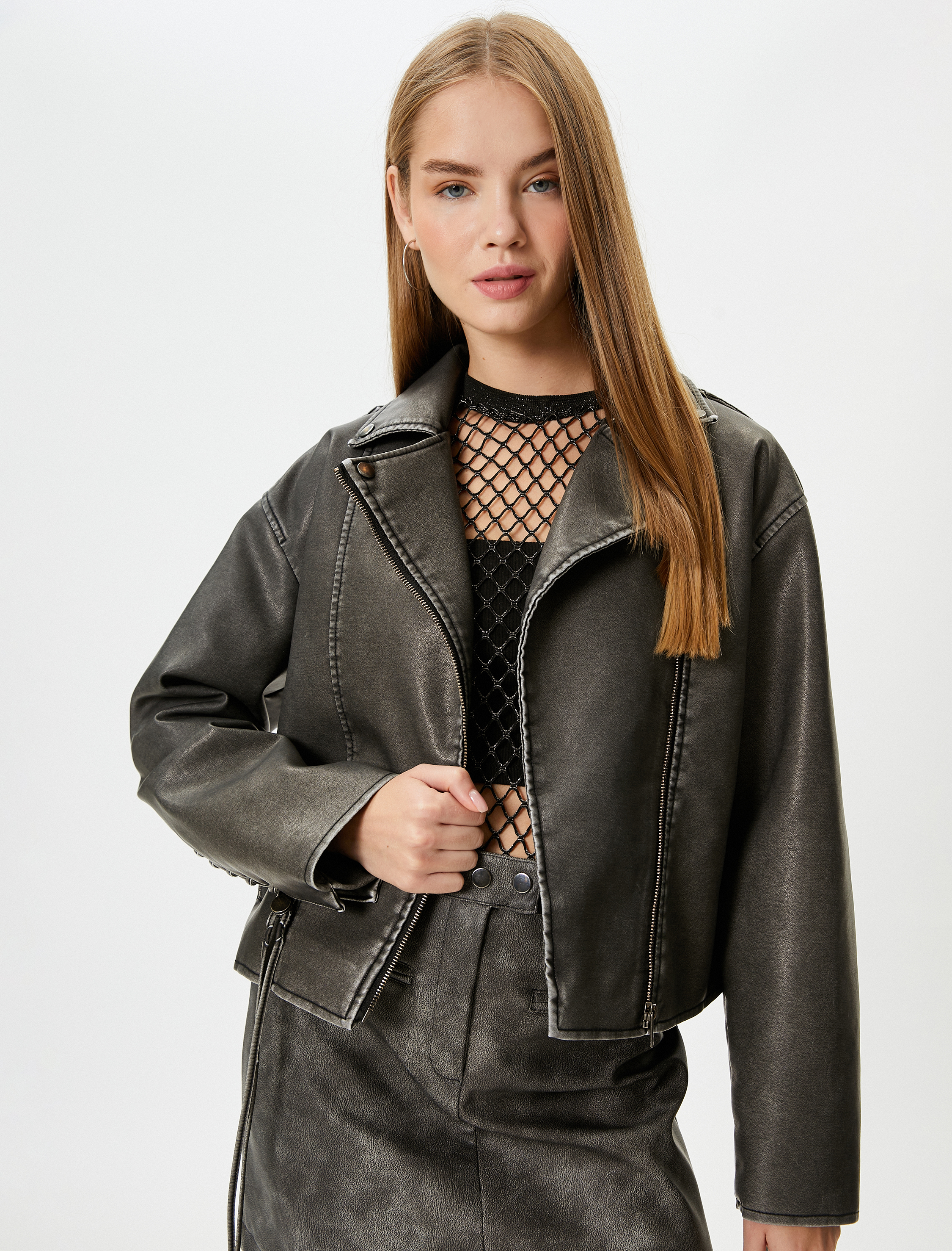   Biker Ceket Eskitilmiş Suni Deri Bağlama Detaylı Kruvaze