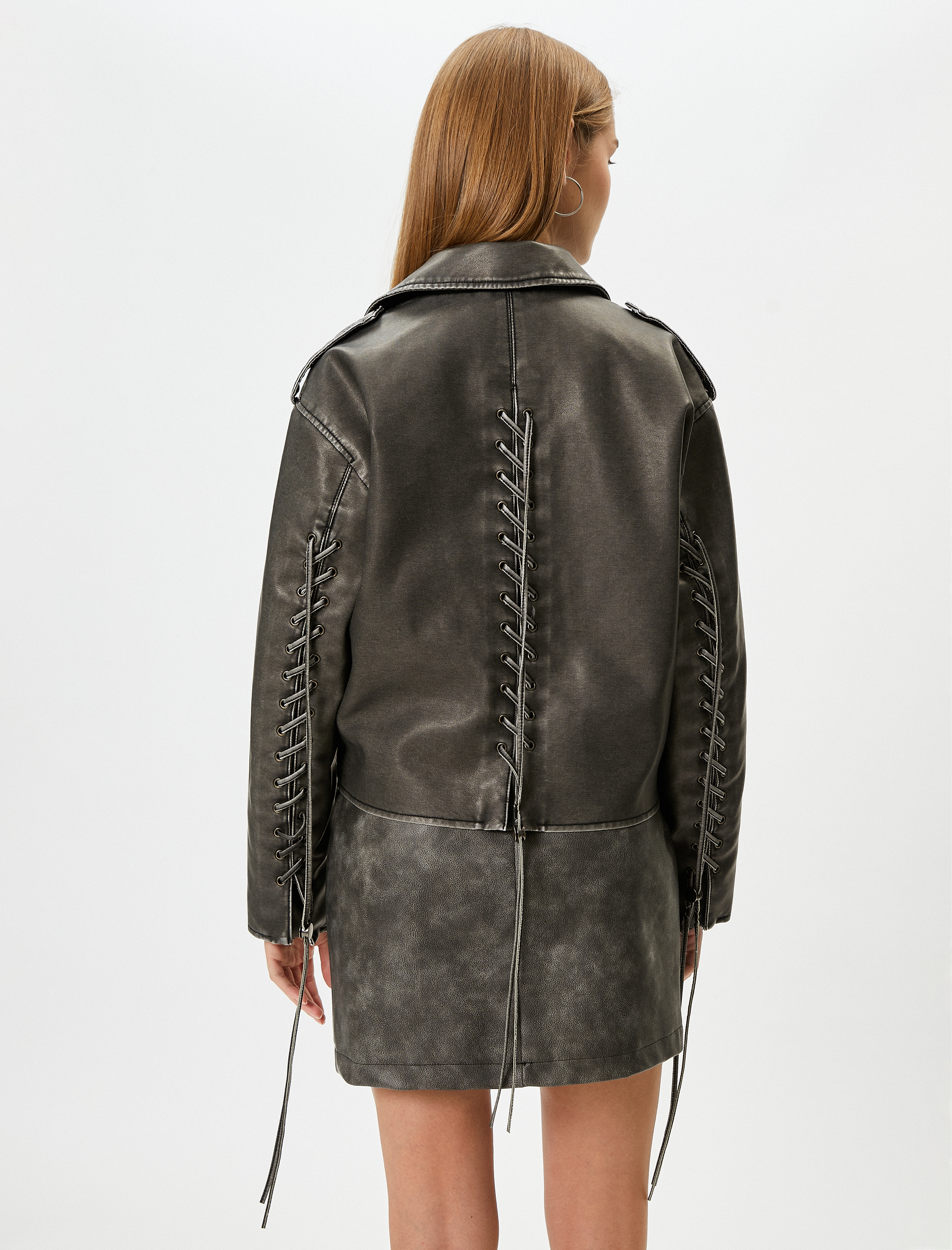   Biker Ceket Eskitilmiş Suni Deri Bağlama Detaylı Kruvaze