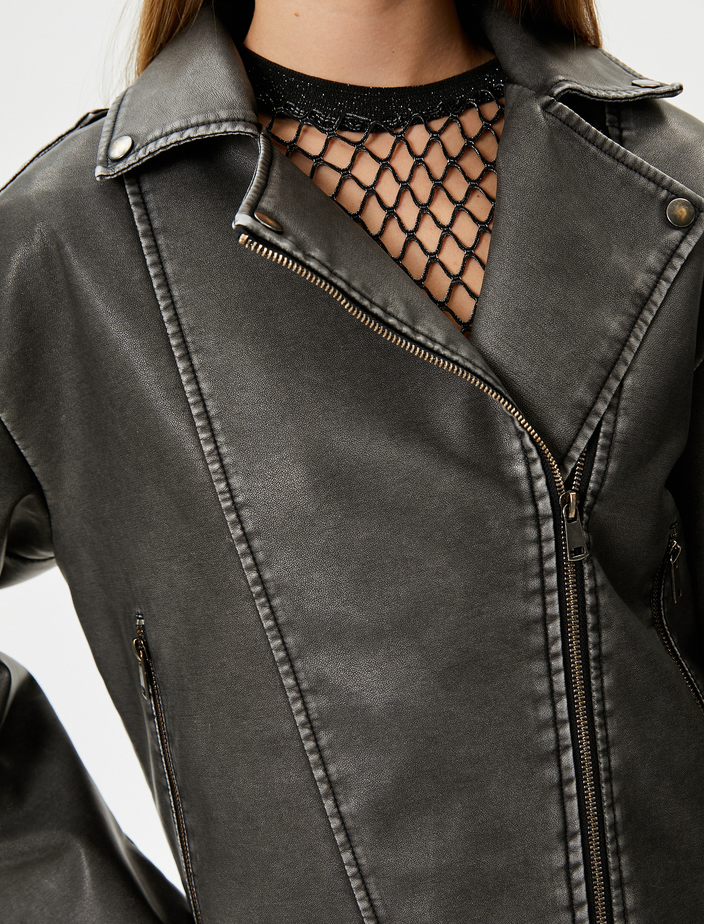   Biker Ceket Eskitilmiş Suni Deri Bağlama Detaylı Kruvaze