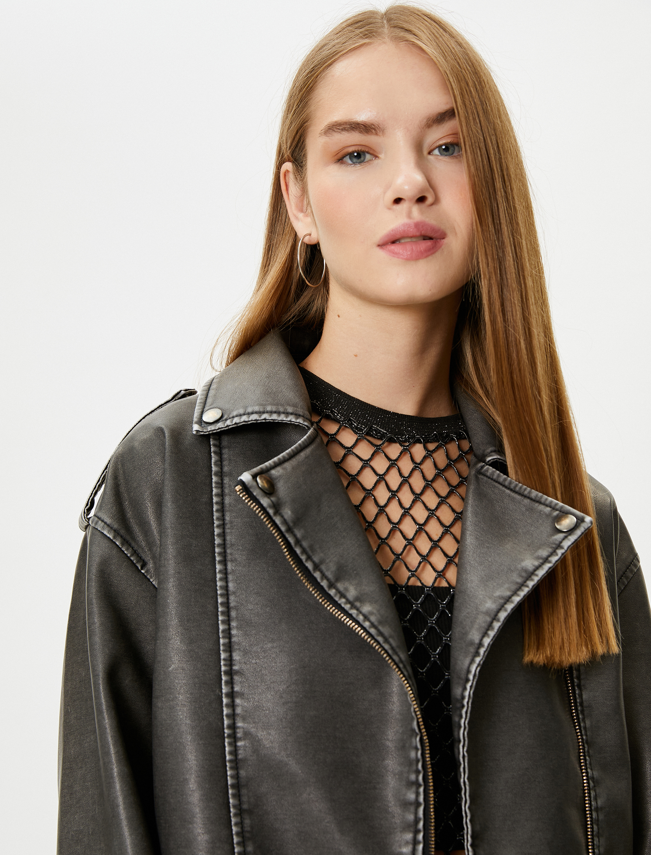   Biker Ceket Eskitilmiş Suni Deri Bağlama Detaylı Kruvaze