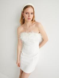 Mini Straplez Elbise Bridal Otriş Tüy Detaylı Slim Fit Astarlı