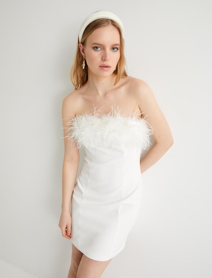  Mini Straplez Elbise Bridal Otriş Tüy Detaylı Slim Fit Astarlı