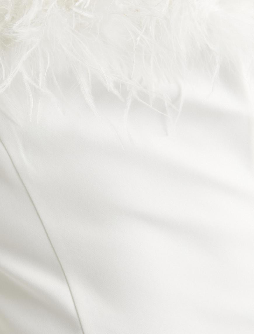   Mini Straplez Elbise Bridal Otriş Tüy Detaylı Slim Fit Astarlı