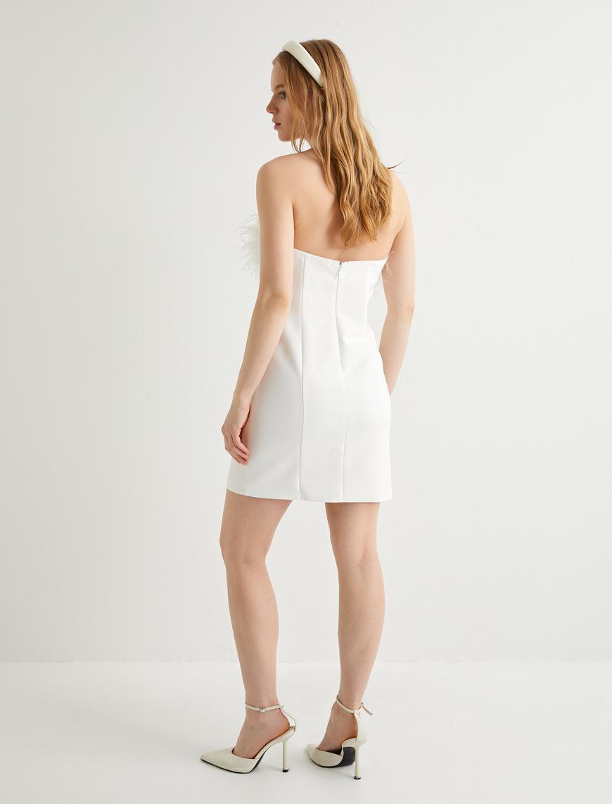   Mini Straplez Elbise Bridal Otriş Tüy Detaylı Slim Fit Astarlı