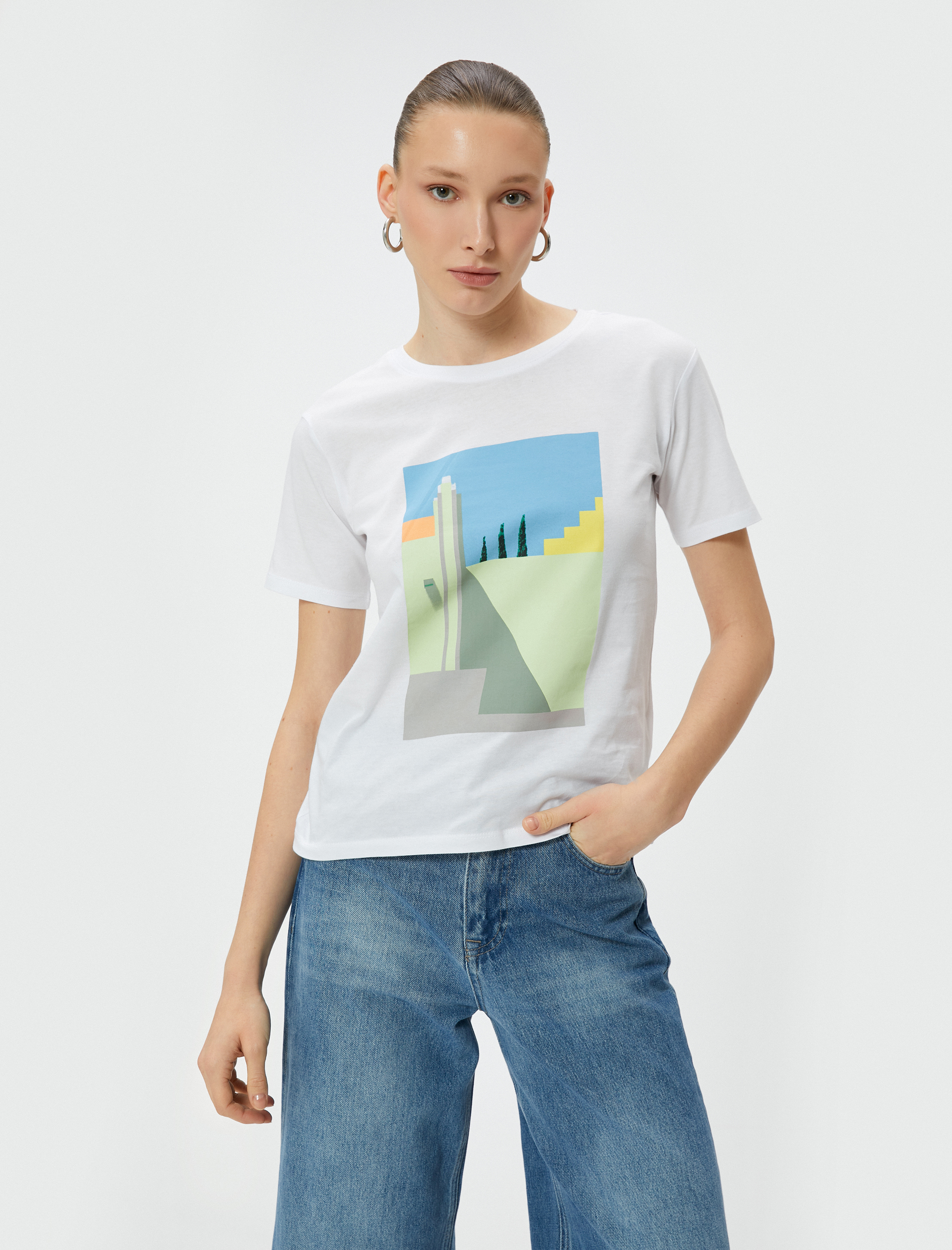   Baskılı Tişört Bisiklet Yaka Kısa Kollu Pamuklu