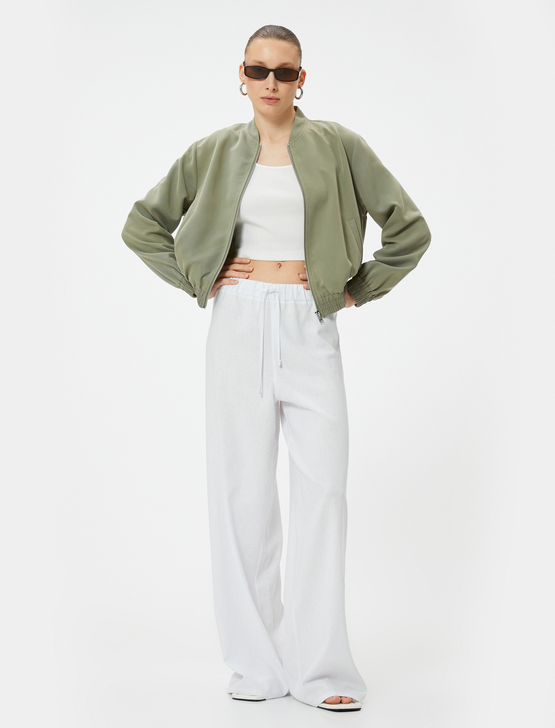   Bomber Ceket Fermuarlı Beli Lastikli Cepli Modal Karışımlı