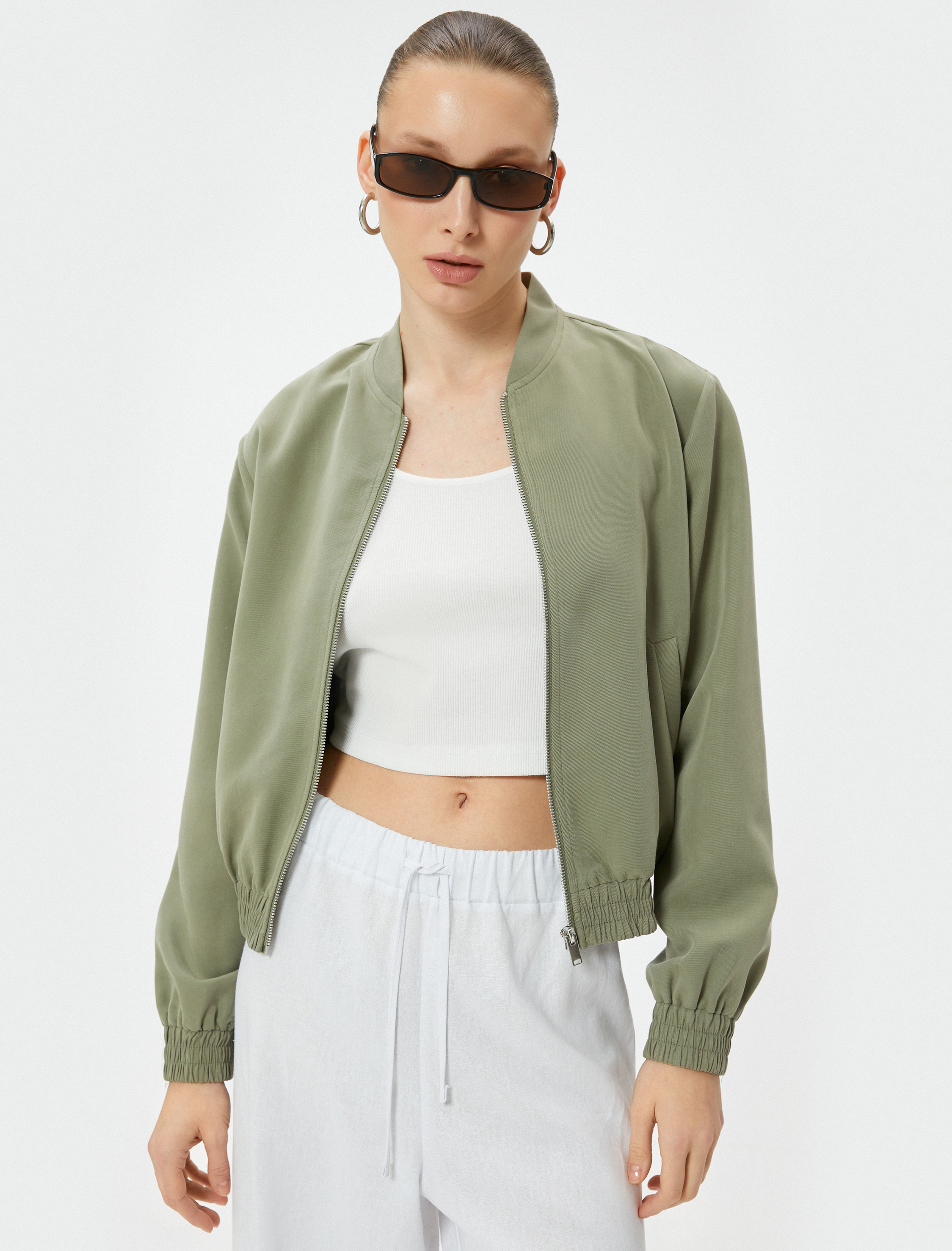   Bomber Ceket Fermuarlı Beli Lastikli Cepli Modal Karışımlı