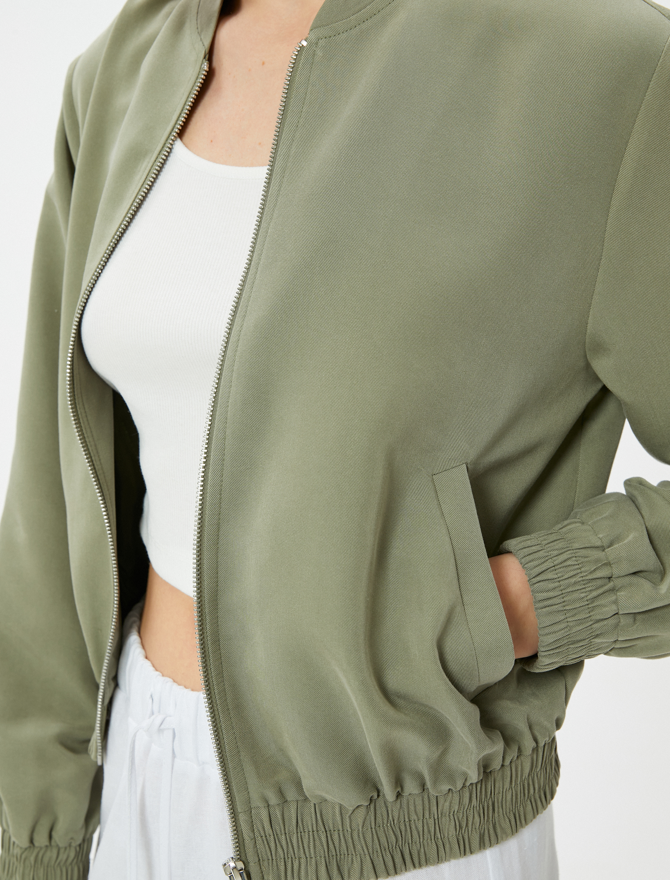   Bomber Ceket Fermuarlı Beli Lastikli Cepli Modal Karışımlı