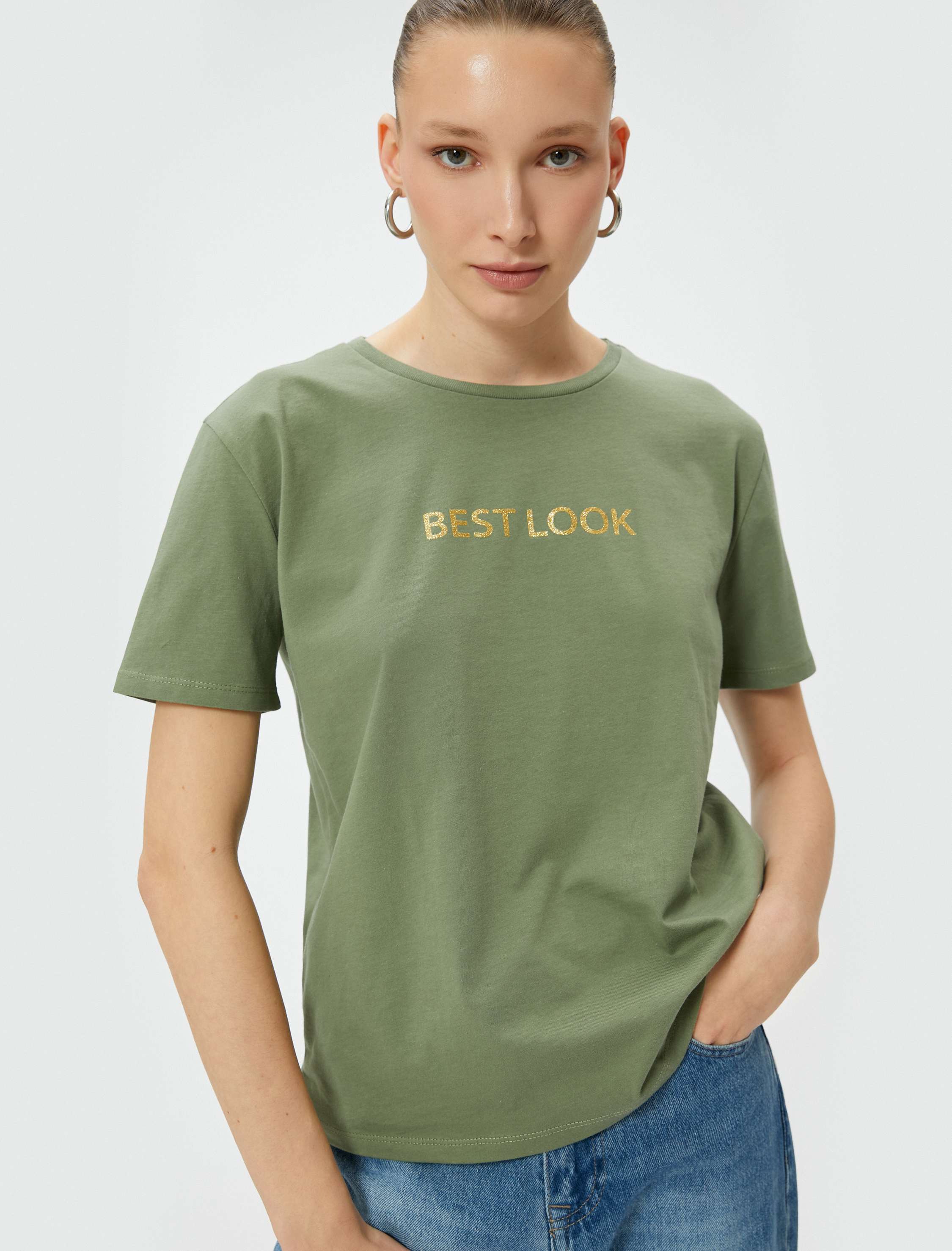   Baskılı Tişört Bisiklet Yaka Kısa Kollu Pamuklu