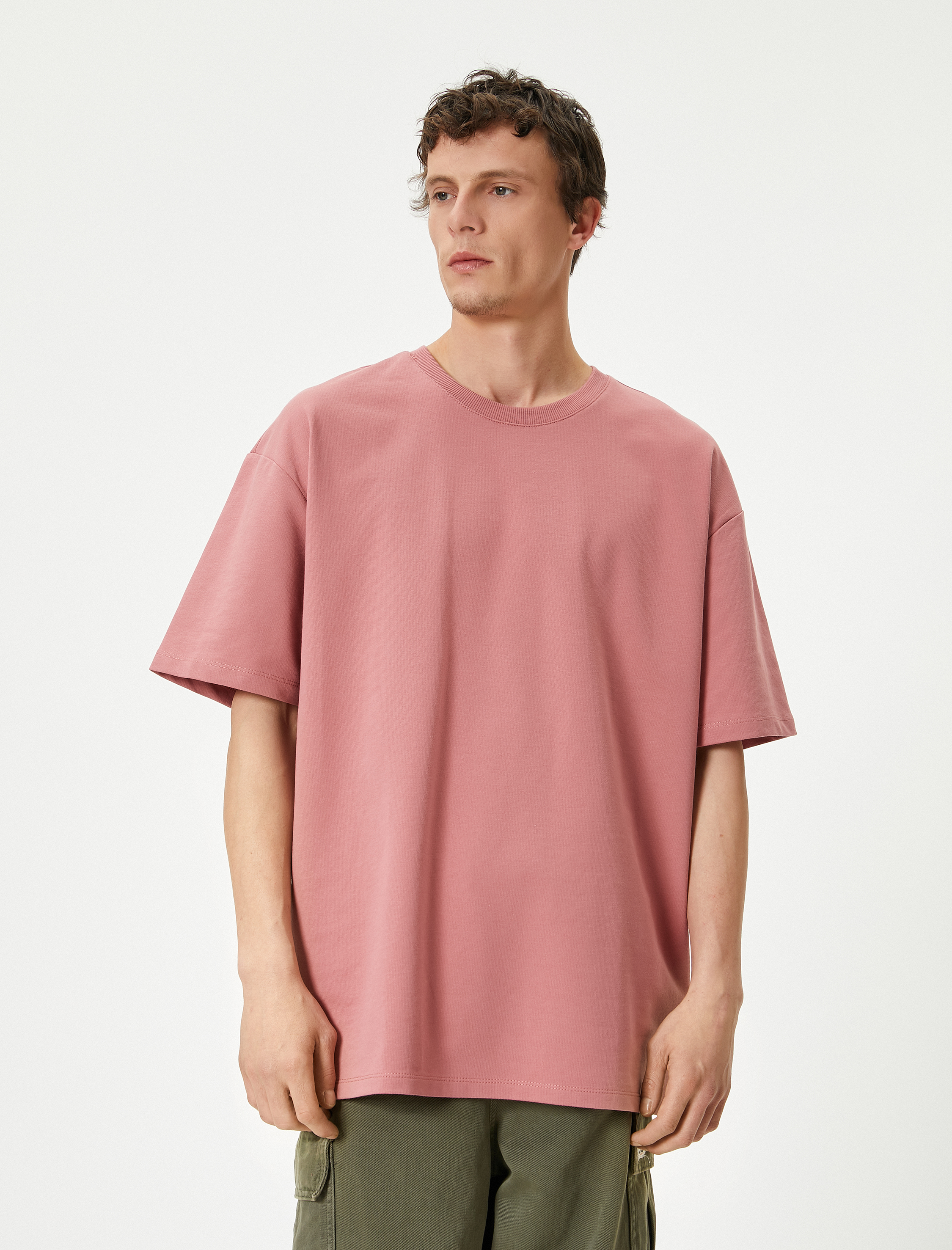   Basic Oversize Tişört Bisiklet Yaka Düşük Omuzlu Kısa Kollu Pamuklu