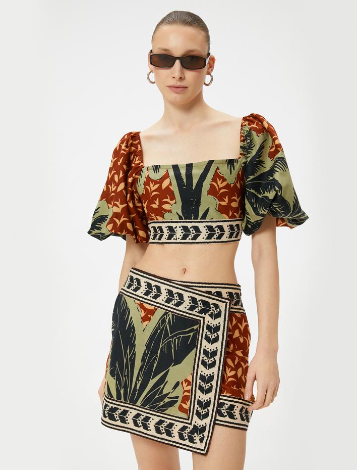  Mini Şort Etek Tropikal Baskılı Normal Bel Pamuklu