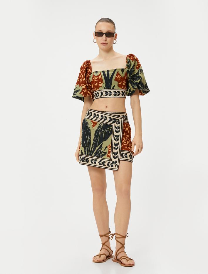  Crop Bluz Kare Yaka Tropikal Baskılı