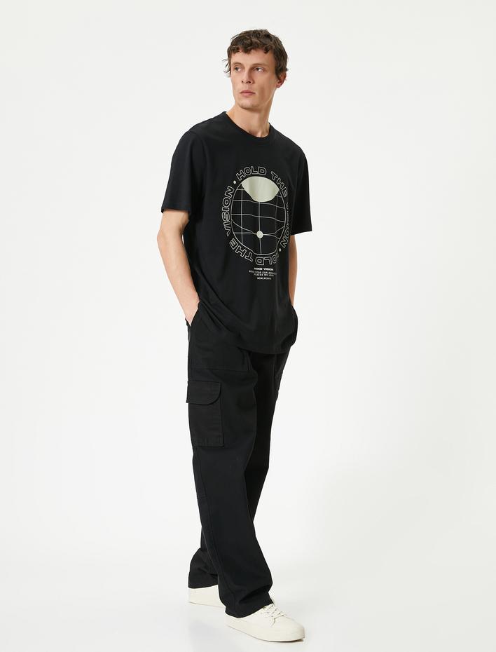  Slogan Baskılı Tişört Bisiklet Yaka Kısa Kollu Pamuklu