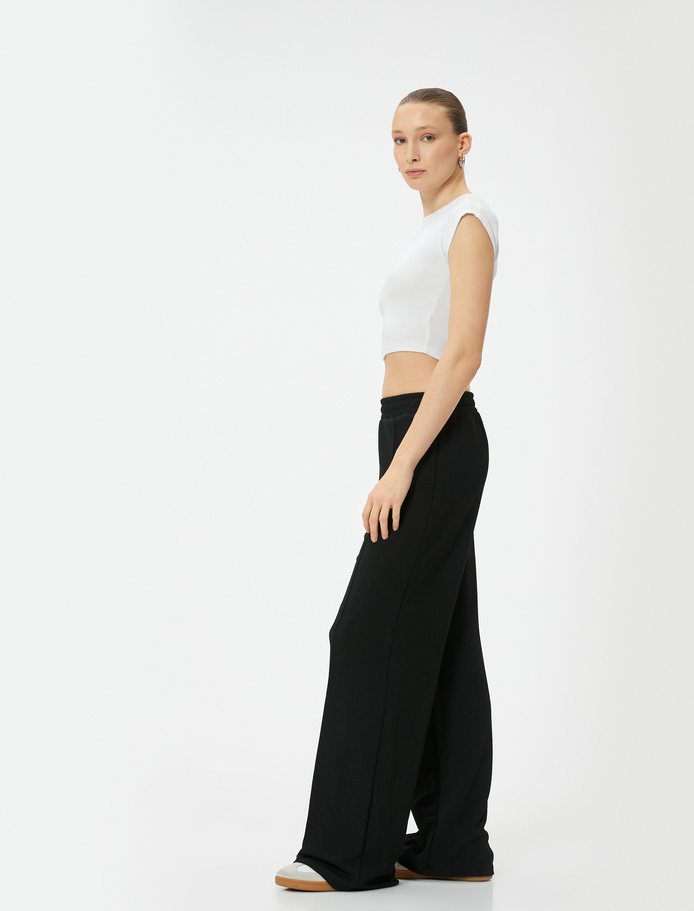   Palazzo Pantolon Beli Lastikli Nervürlü Dokulu