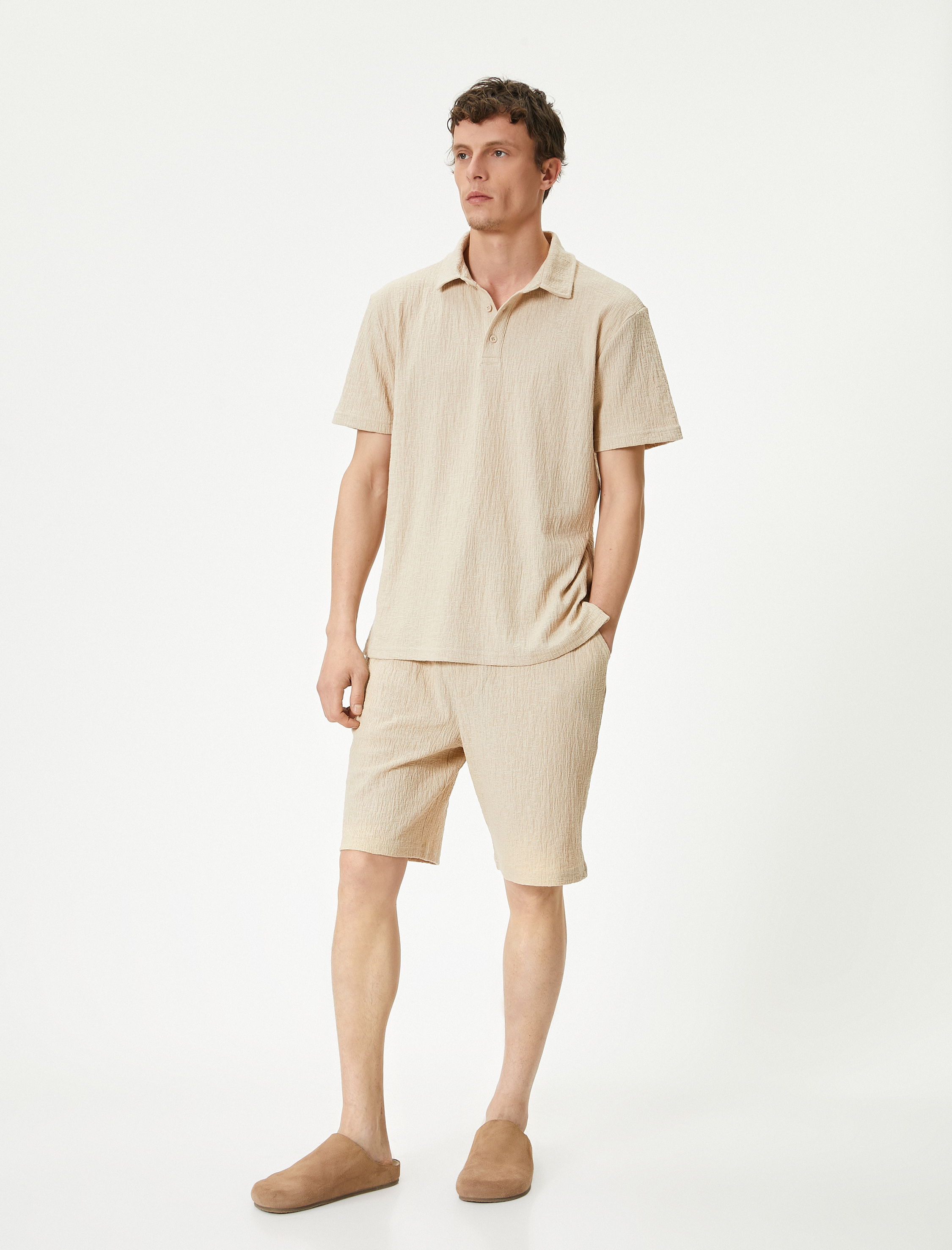   Polo Yaka Tişört Düğmeli Dokulu Pamuklu Kısa Kollu