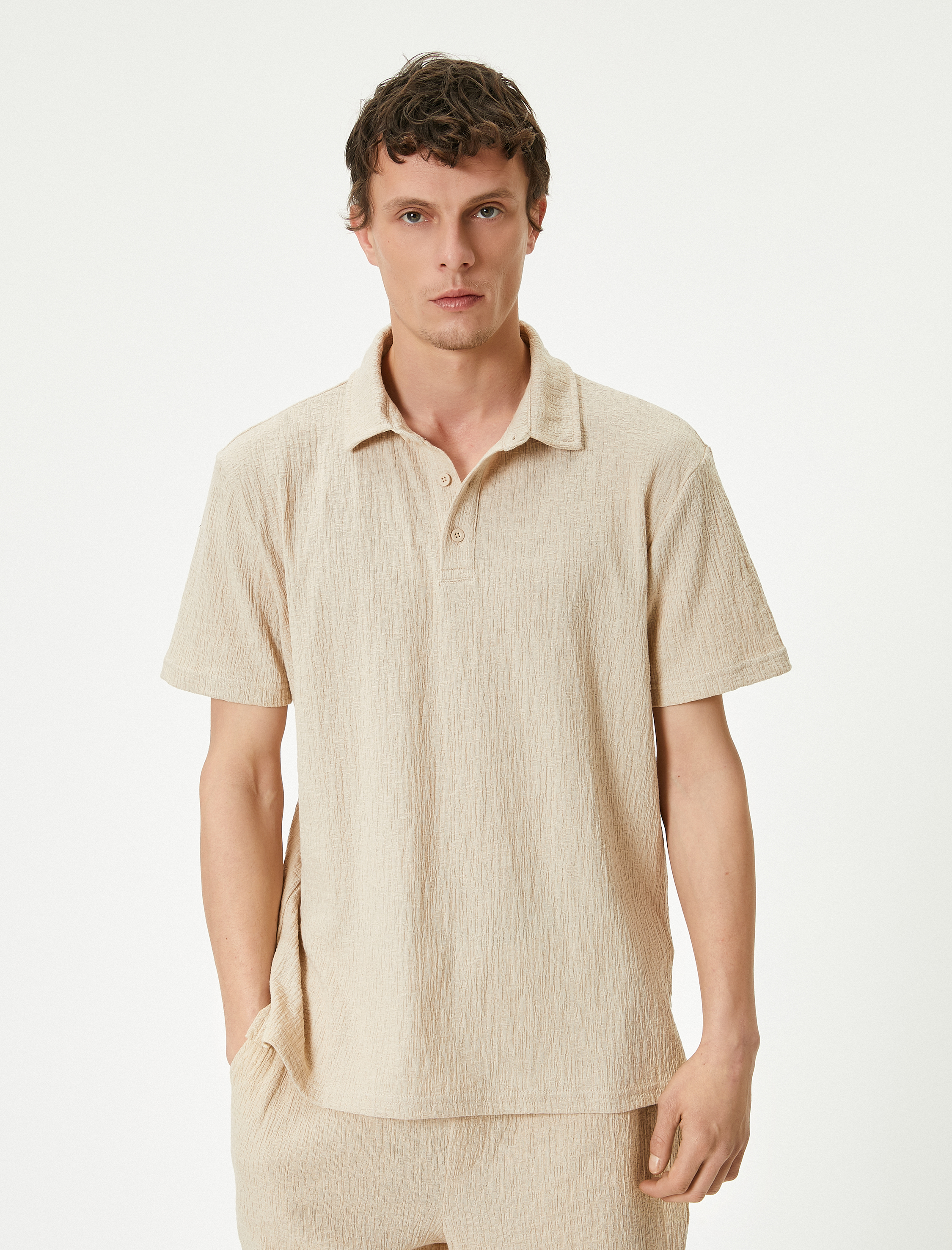   Polo Yaka Tişört Düğmeli Dokulu Pamuklu Kısa Kollu