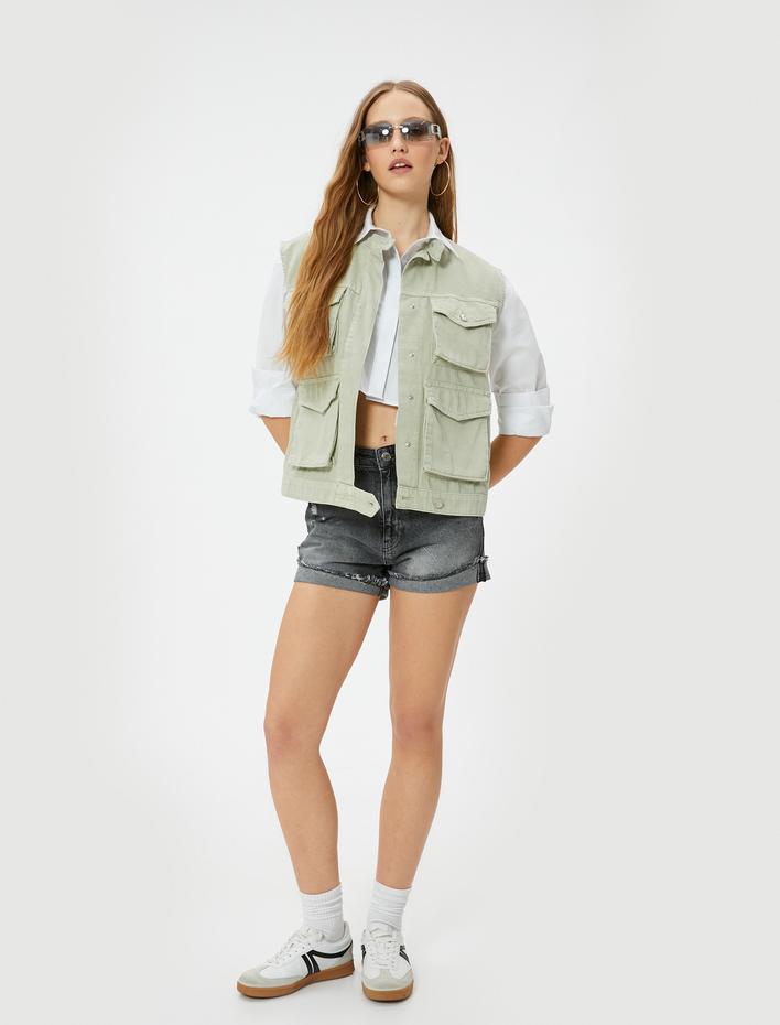  Kot Şort Yüksek Bel Ekstra Mini Paçaları Katlamalı Cepli