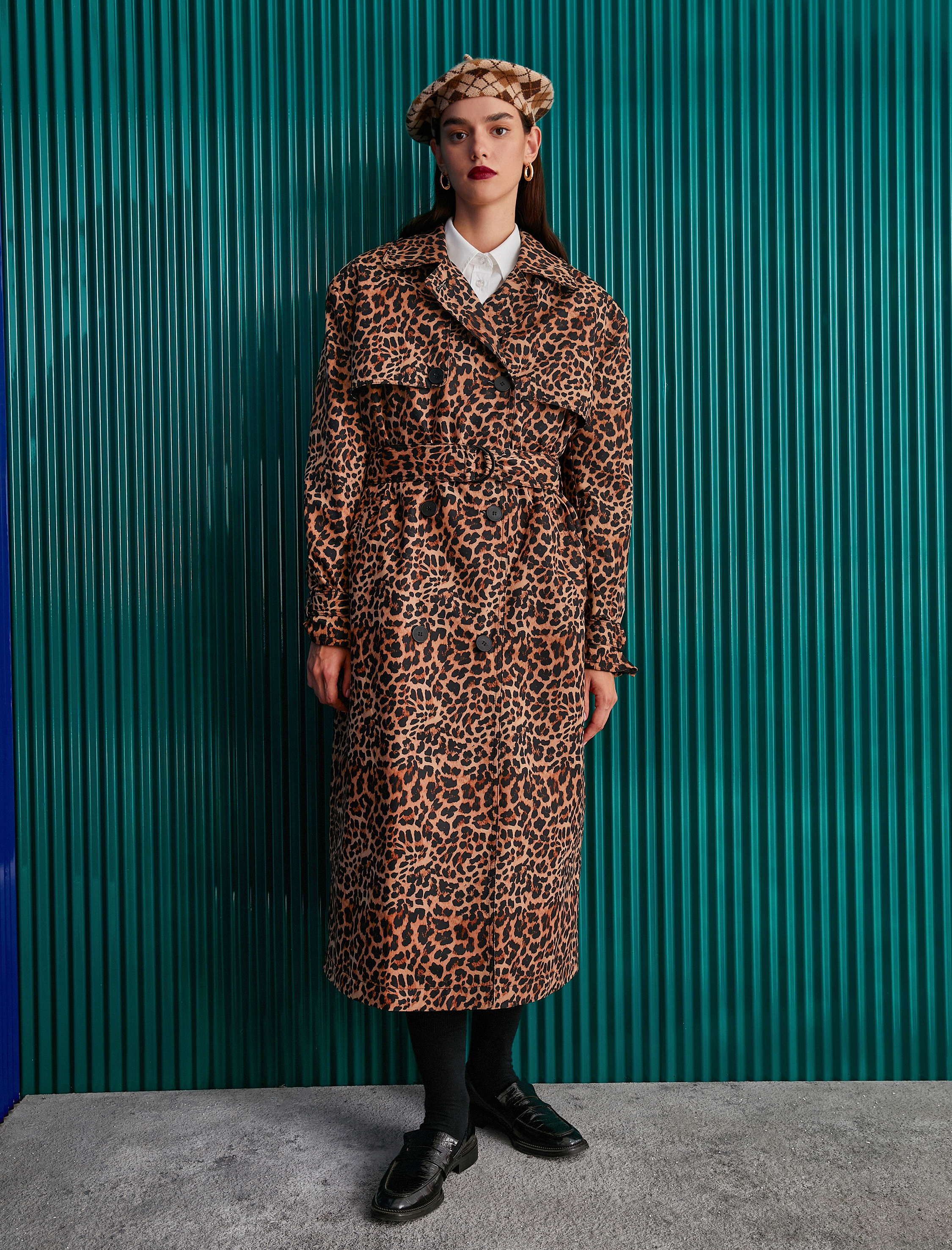 Leopar Desenli Trençkot Kemer Detaylı